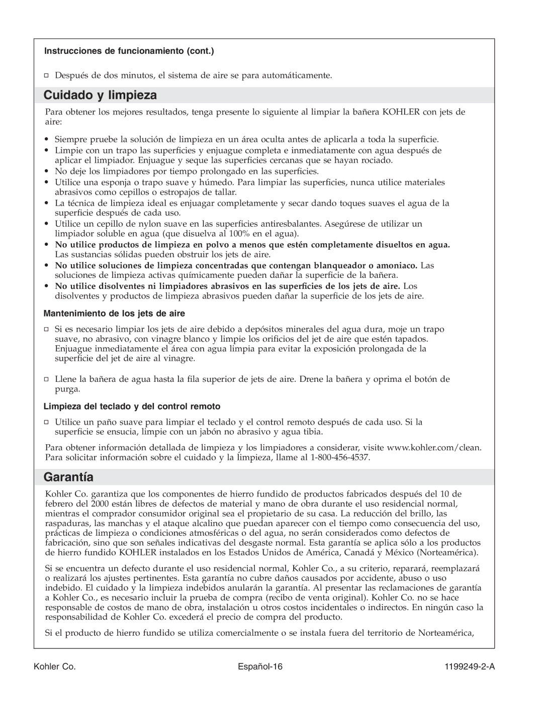 Kohler 1199249-2-A manual Cuidado y limpieza, Garantía, Instrucciones de funcionamiento, Mantenimiento de los jets de aire 