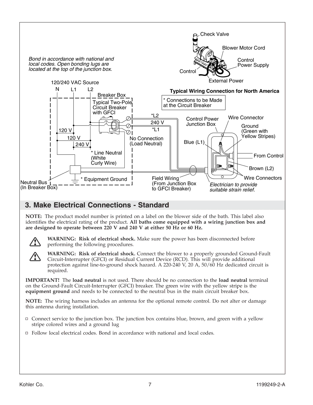 Kohler 1199249-2-A manual Make Electrical Connections Standard, Typical Wiring Connection for North America 