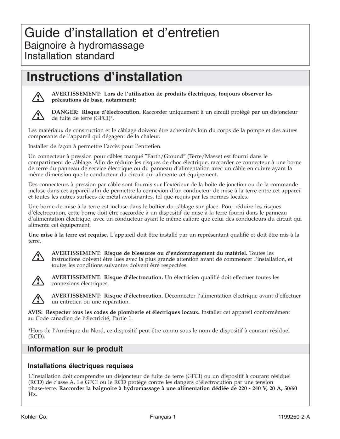 Kohler 1199250-2-A manual Information sur le produit, Installations électriques requises 