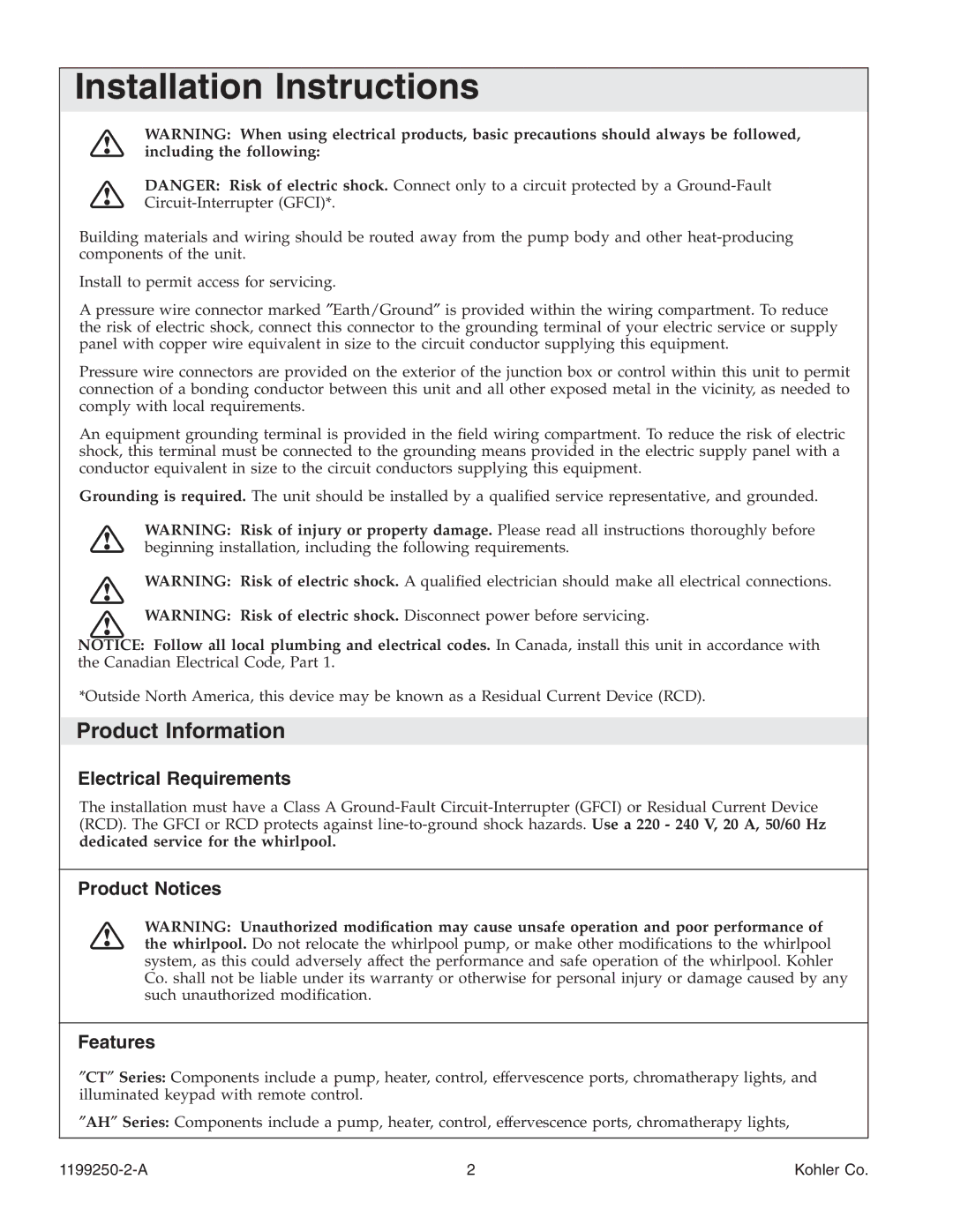 Kohler 1199250-2-A manual Product Information, Electrical Requirements, Product Notices Features 