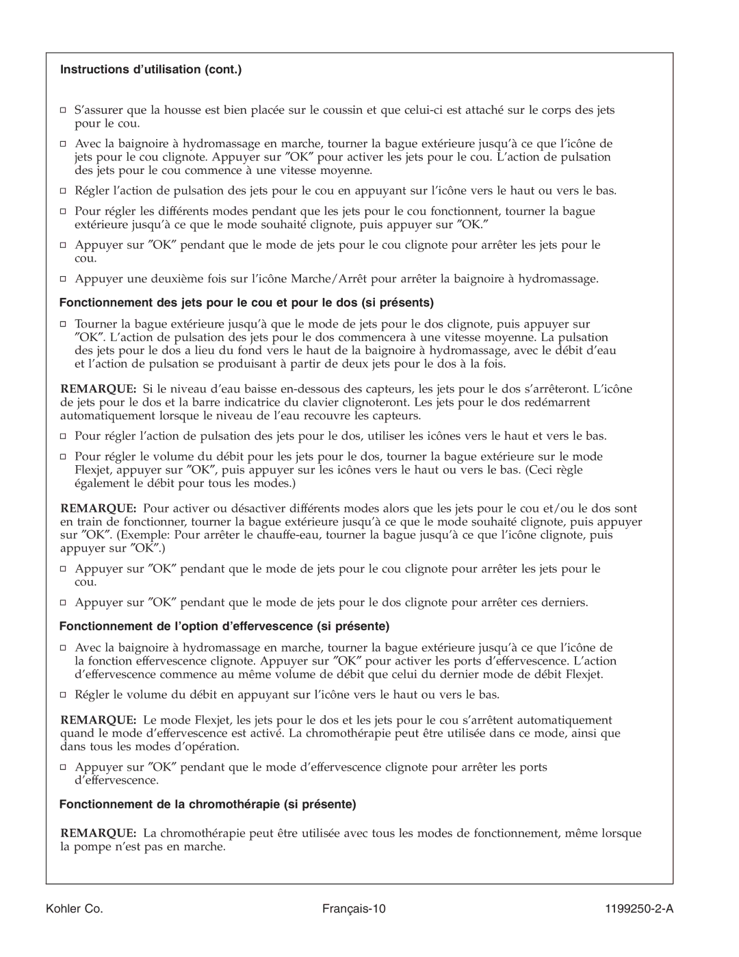 Kohler 1199250-2-A manual Instructions d’utilisation, Fonctionnement de l’option d’effervescence si présente 