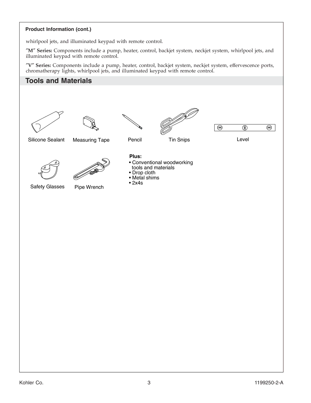 Kohler 1199250-2-A manual Tools and Materials, Product Information, Plus 