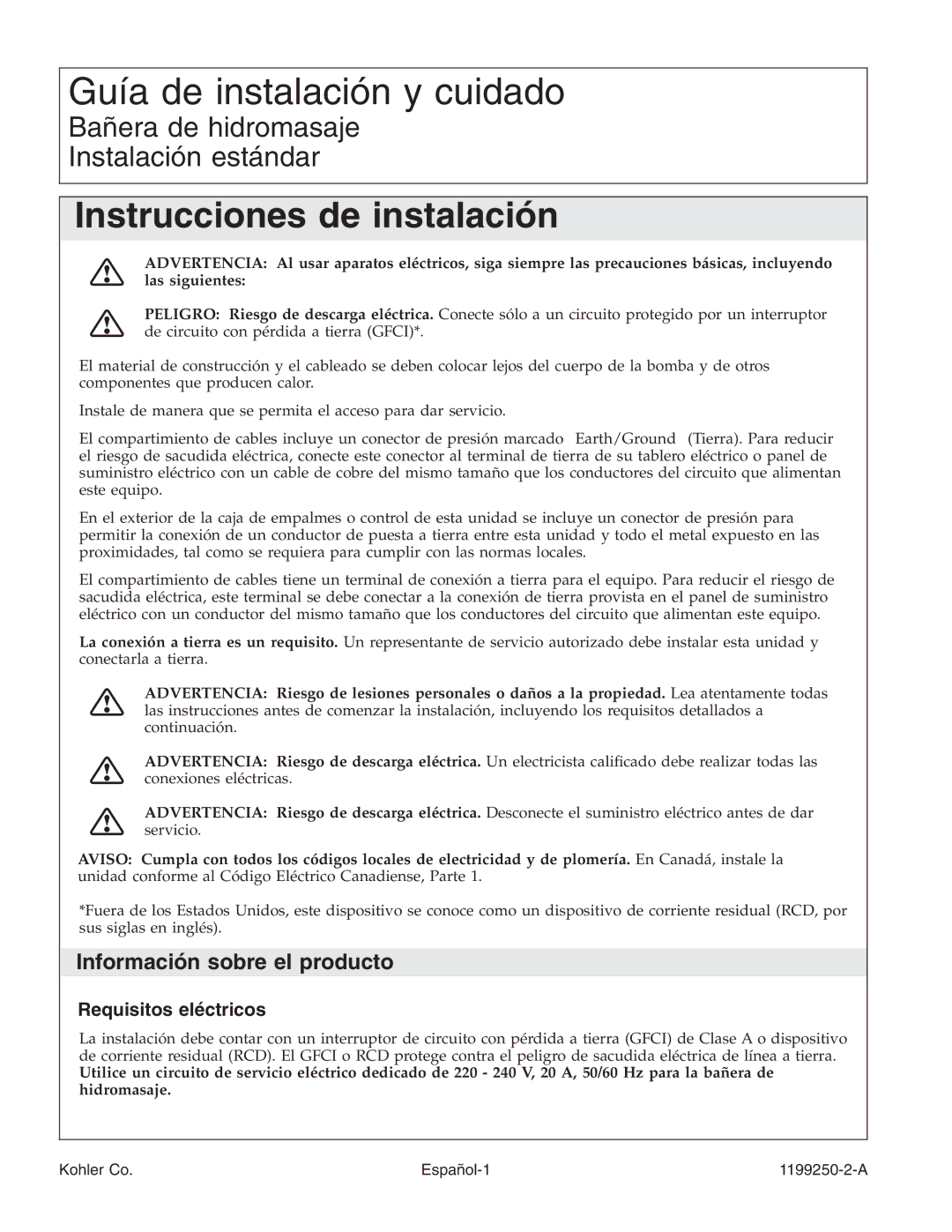 Kohler 1199250-2-A manual Información sobre el producto, Requisitos eléctricos 