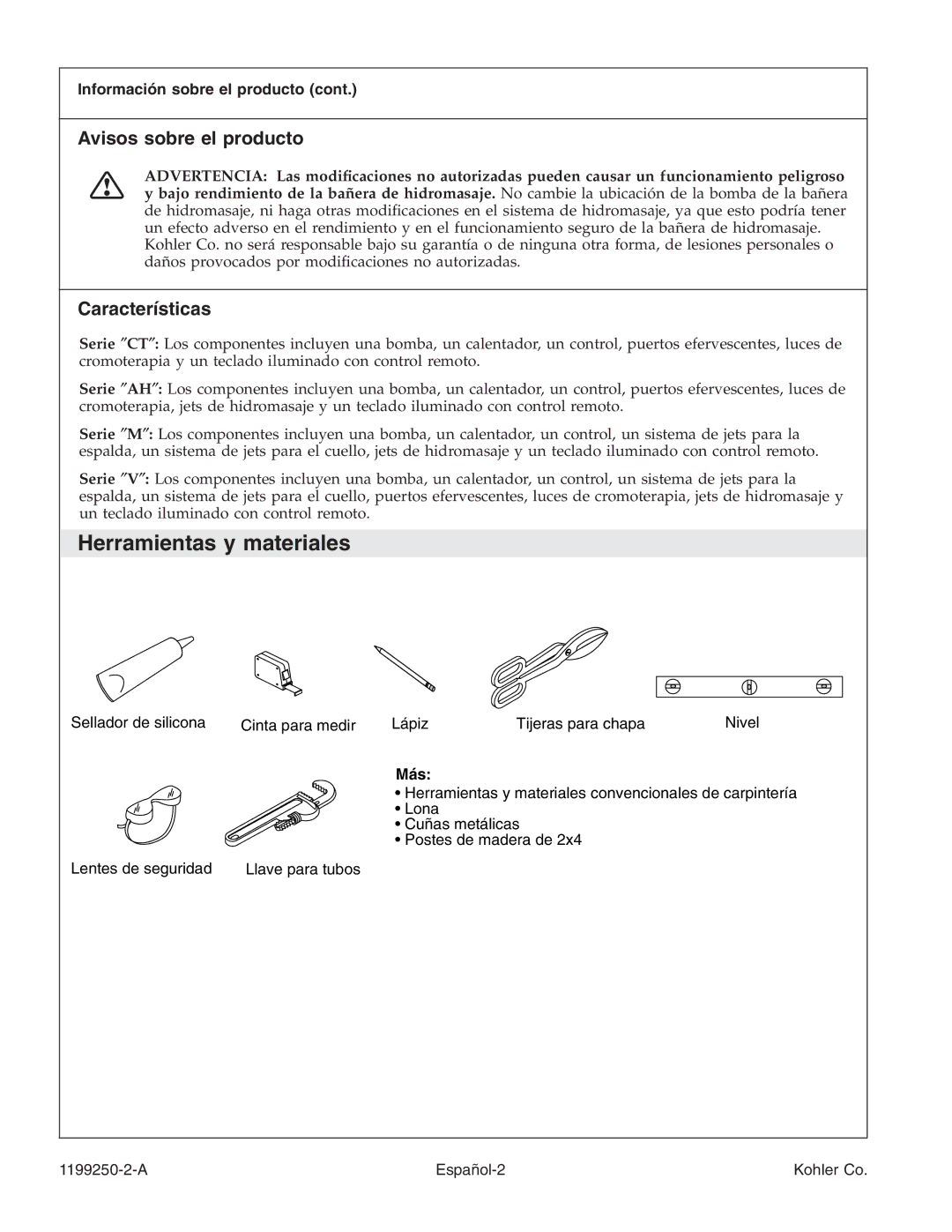 Kohler 1199250-2-A Herramientas y materiales, Avisos sobre el producto, Características, Información sobre el producto 