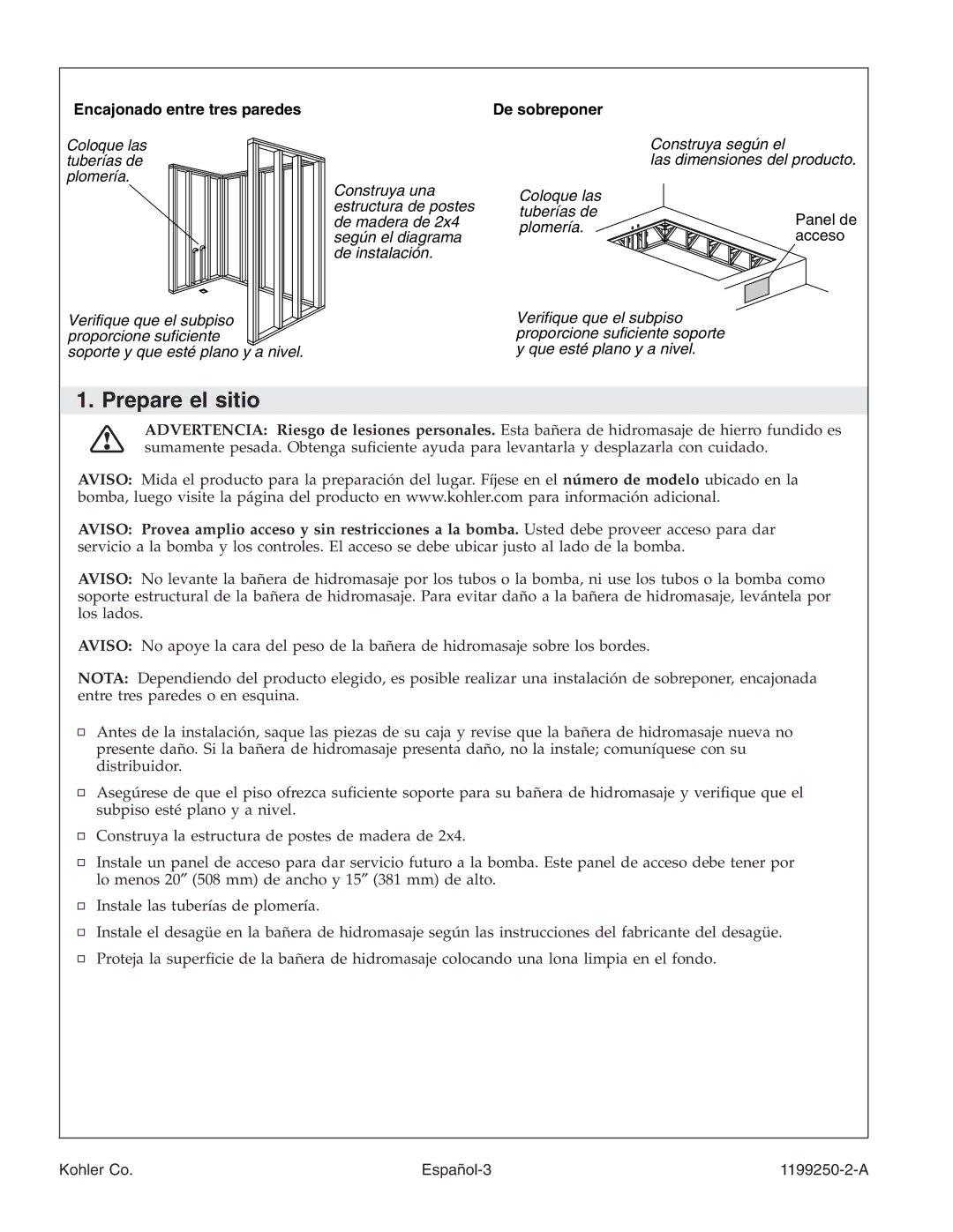 Kohler 1199250-2-A manual Prepare el sitio, Encajonado entre tres paredes, De sobreponer 