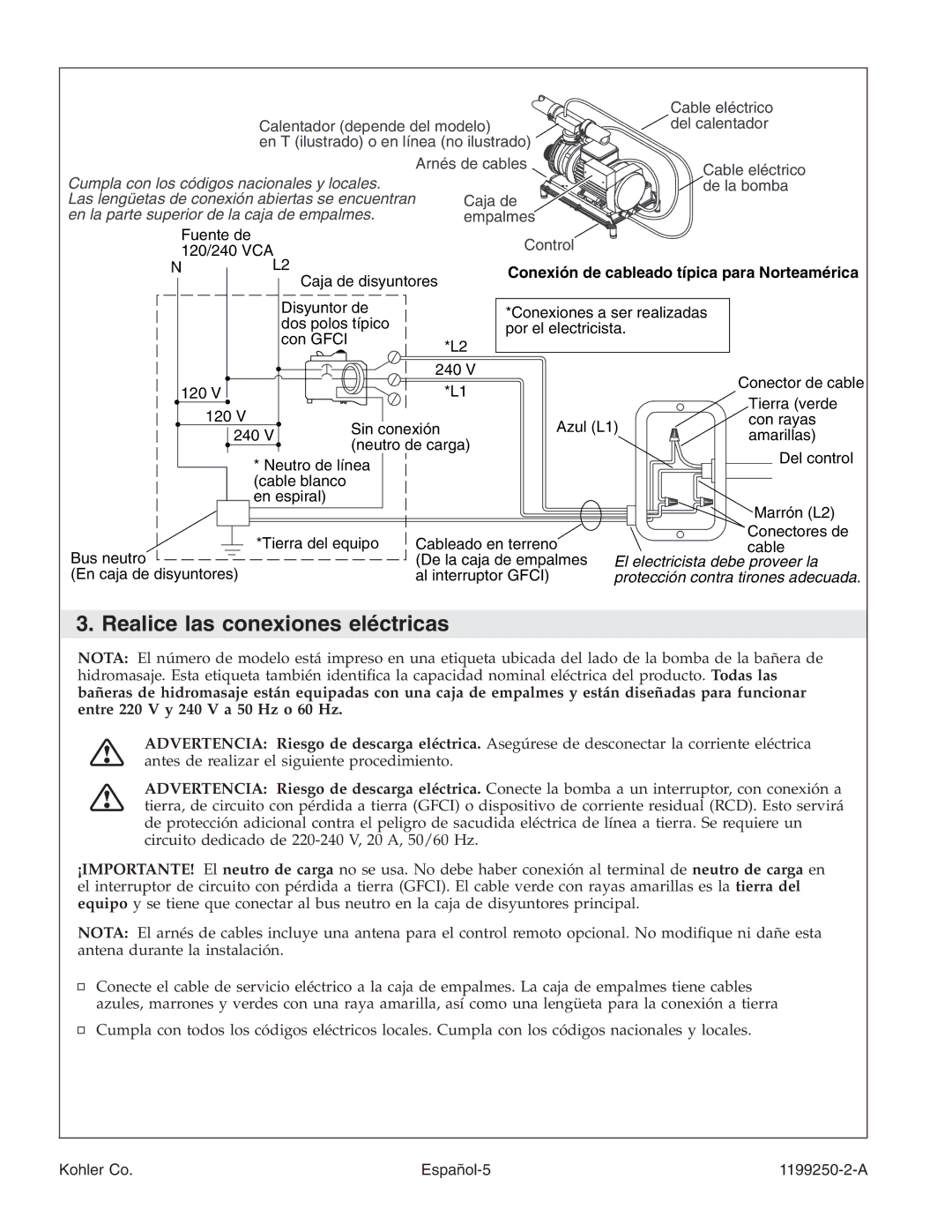 Kohler 1199250-2-A manual Conexión de cableado típica para Norteamérica, Protección contra tirones adecuada 