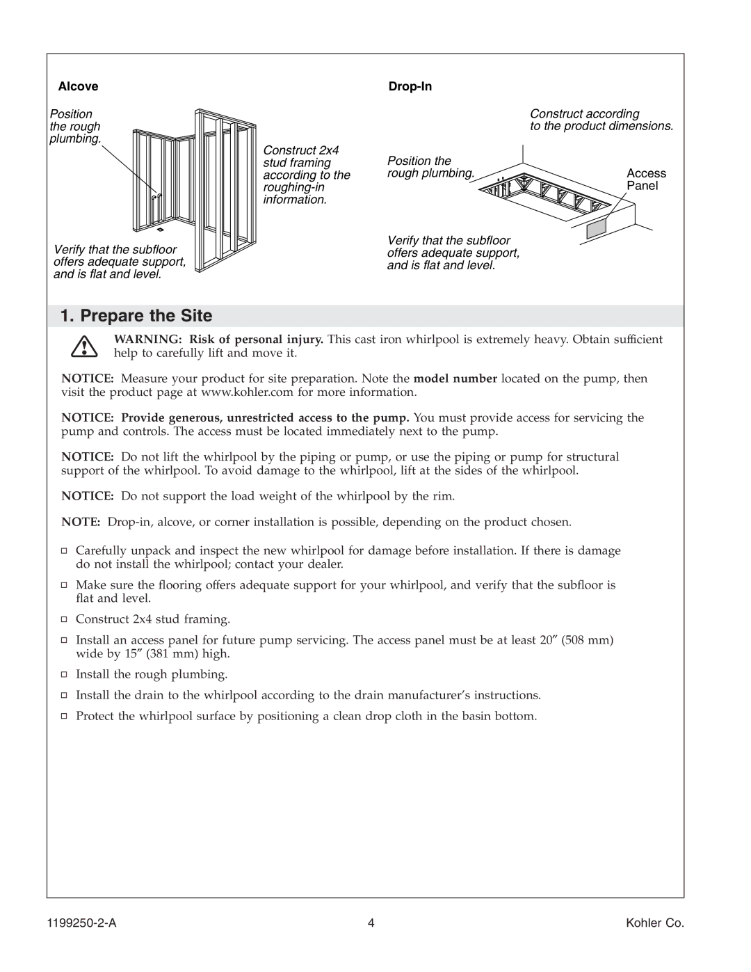 Kohler 1199250-2-A manual Prepare the Site, Alcove 