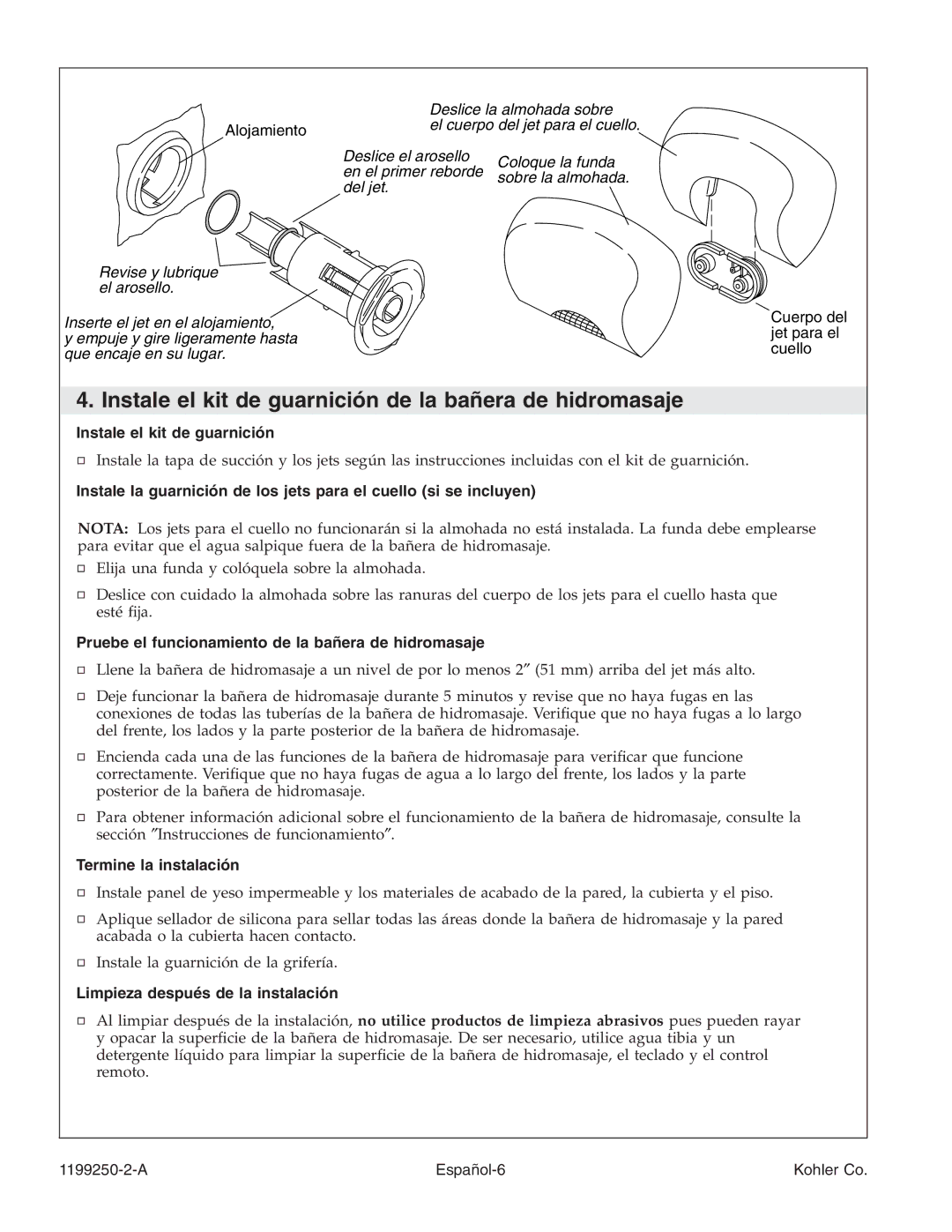 Kohler 1199250-2-A manual Instale el kit de guarnición de la bañera de hidromasaje, Termine la instalación 