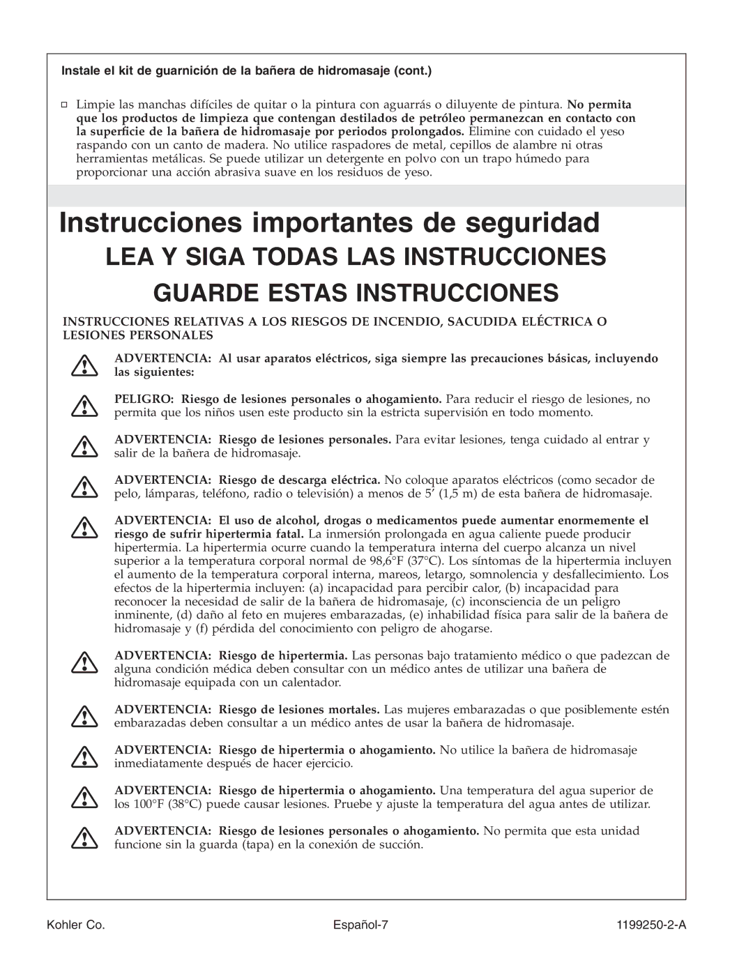 Kohler 1199250-2-A manual Instrucciones importantes de seguridad, Instale el kit de guarnición de la bañera de hidromasaje 