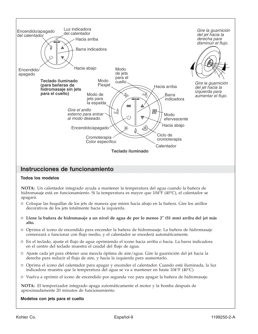 Kohler 1199250-2-A manual Instrucciones de funcionamiento, Todos los modelos, Modelos con jets para el cuello 