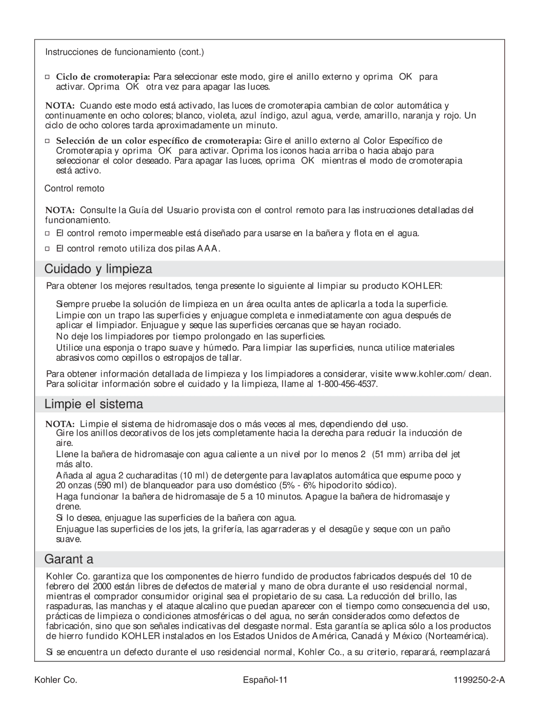 Kohler 1199250-2-A manual Cuidado y limpieza, Limpie el sistema, Garantía, Control remoto 
