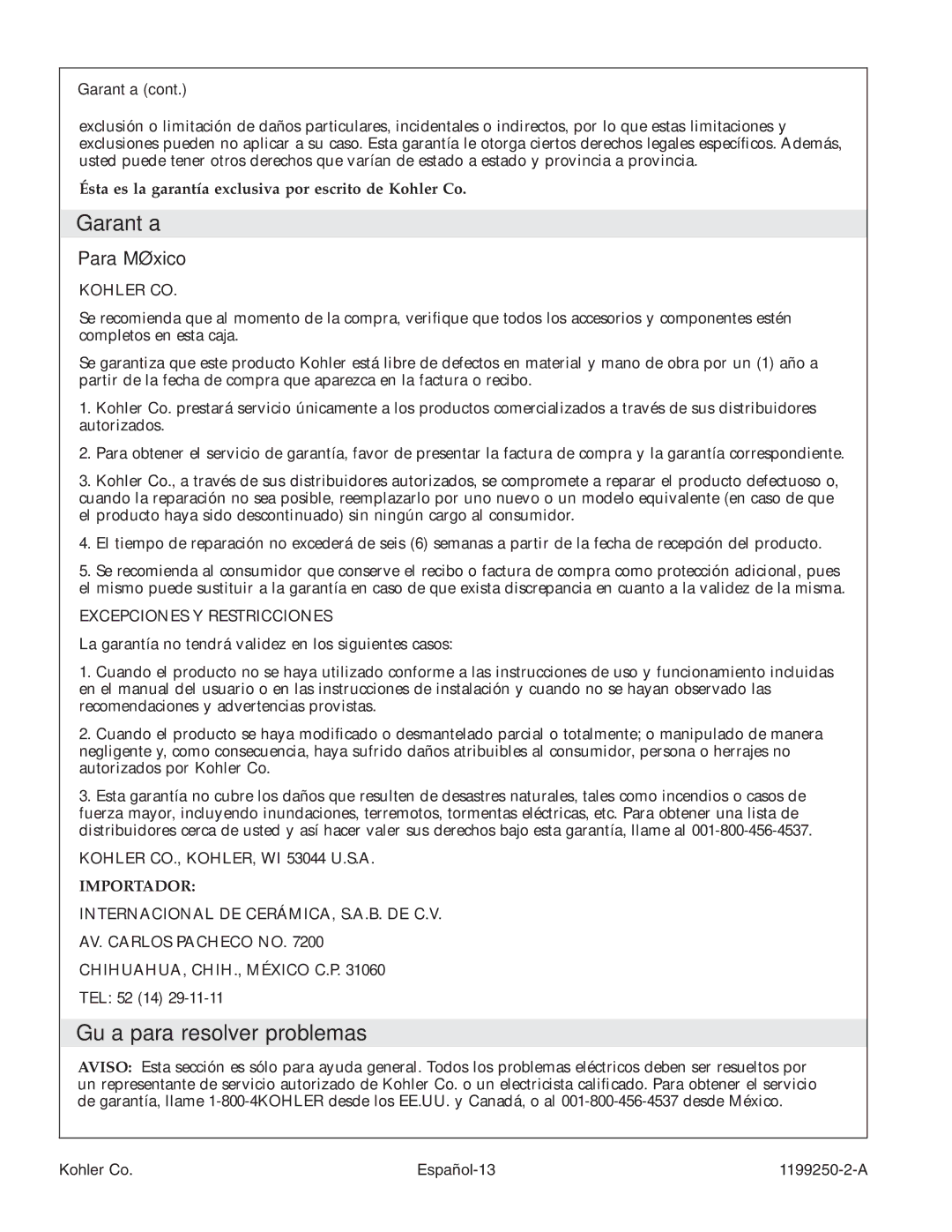 Kohler 1199250-2-A manual Guía para resolver problemas, Para México 