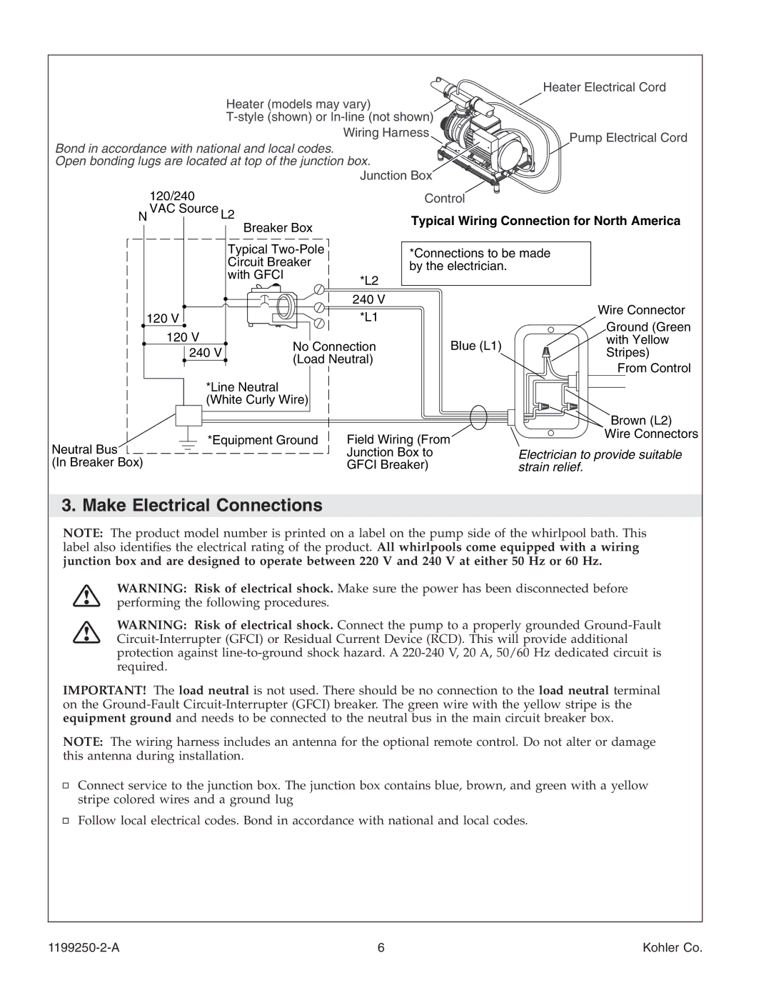 Kohler 1199250-2-A manual Make Electrical Connections, Typical Wiring Connection for North America 