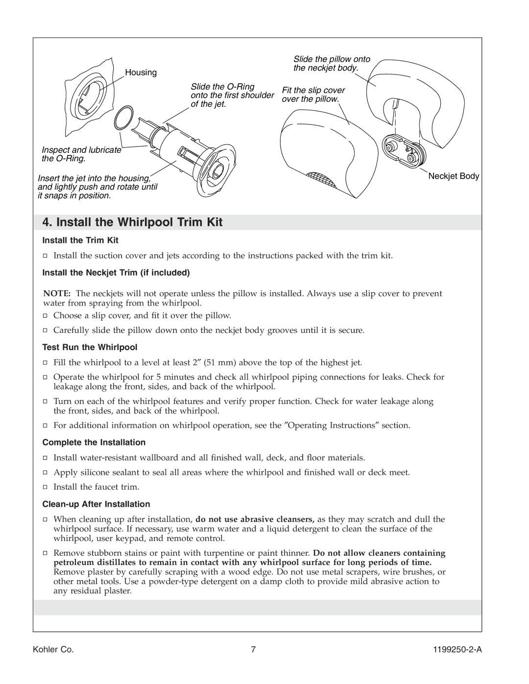 Kohler 1199250-2-A manual Install the Whirlpool Trim Kit 