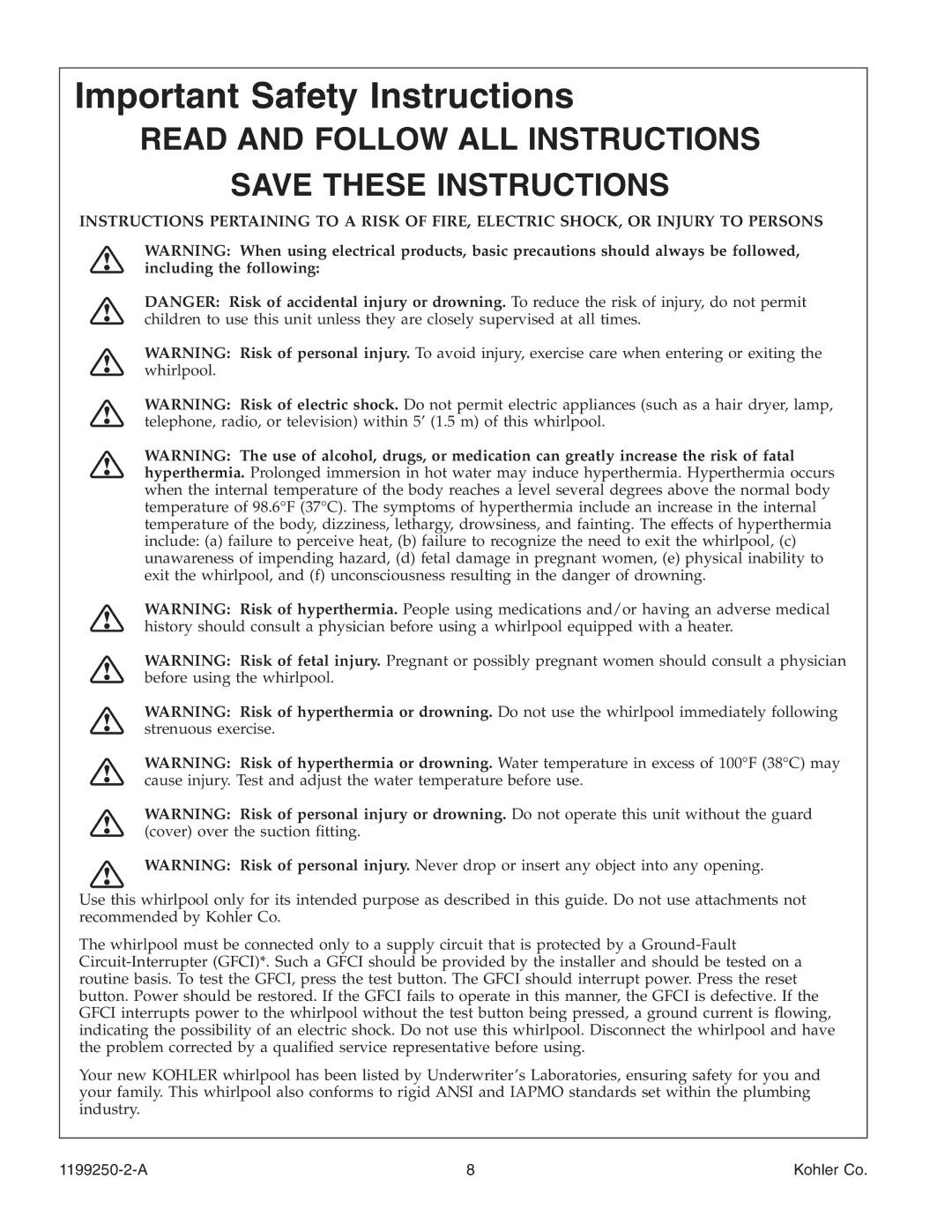 Kohler 1199250-2-A manual Important Safety Instructions 