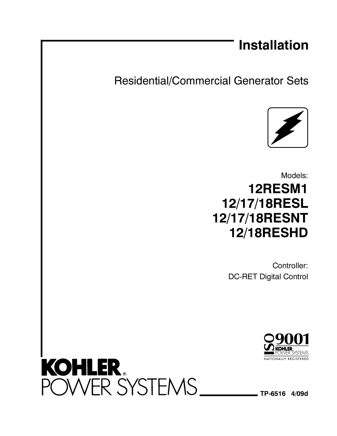 Kohler 12RESM1 manual Models, Controller DC-RET Digital Control, TP-6516 4/09d 