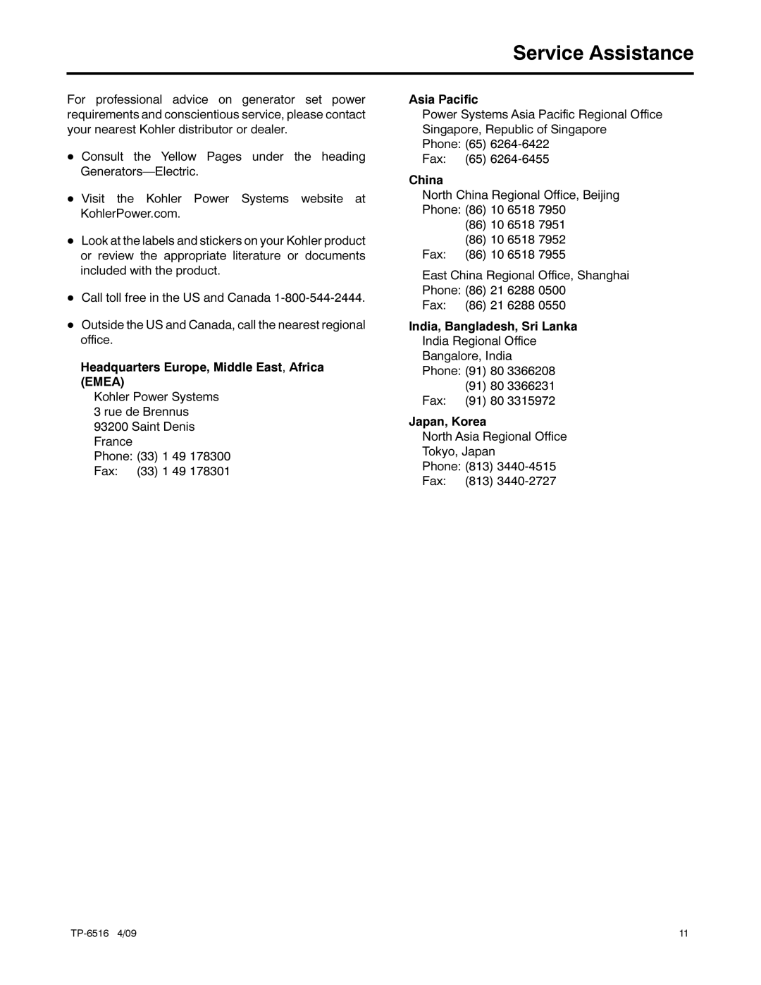 Kohler 12RESM1 manual Service Assistance 