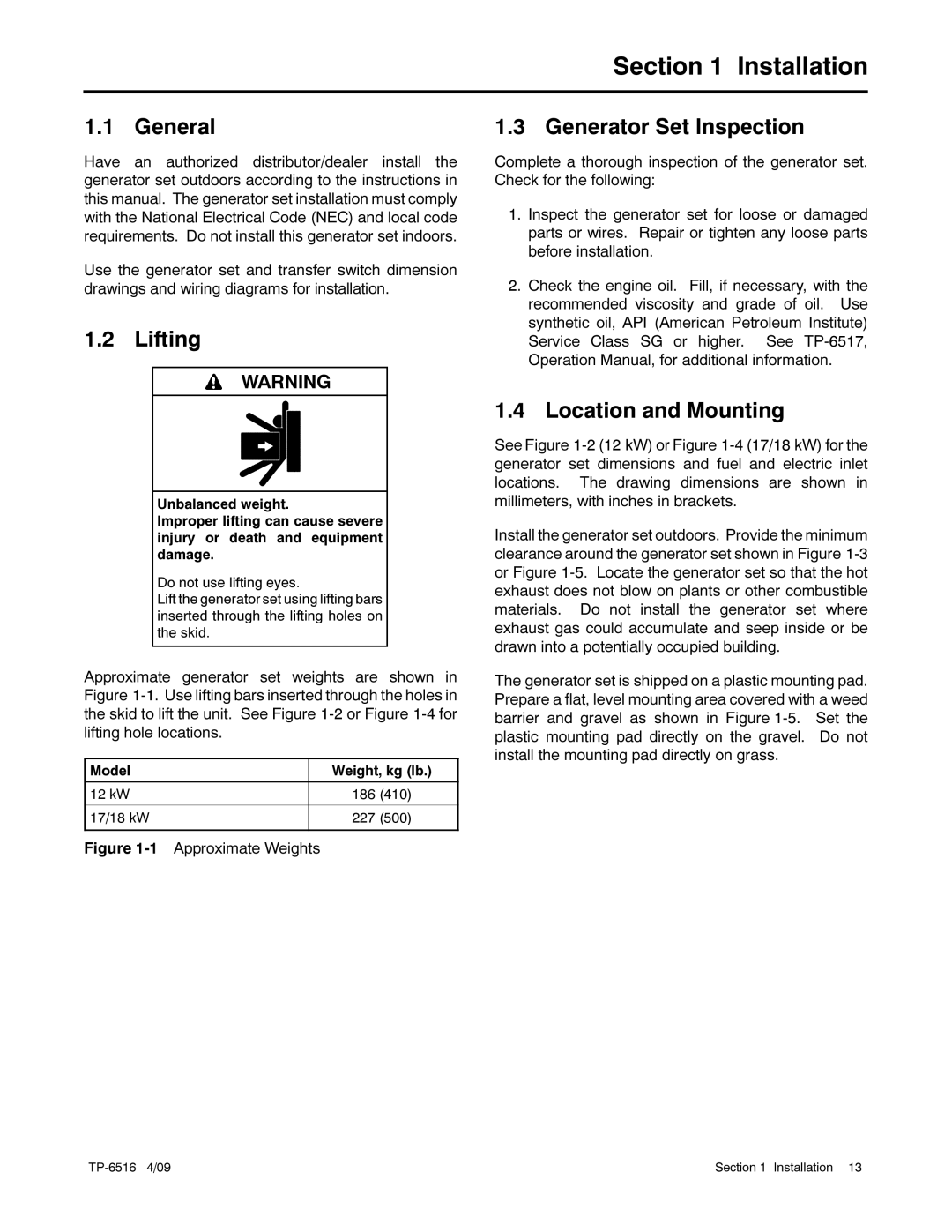 Kohler 12RESM1 manual Installation, General, Lifting, Generator Set Inspection, Location and Mounting 