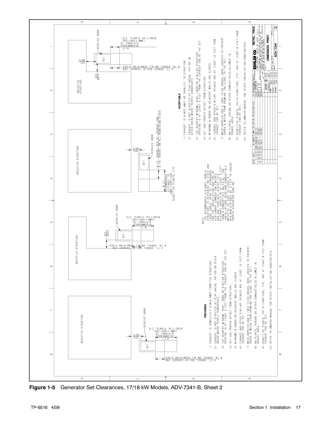 Kohler 12RESM1 manual Generator Set Clearances, 17/18 kW Models, ADV-7341-B, Sheet 