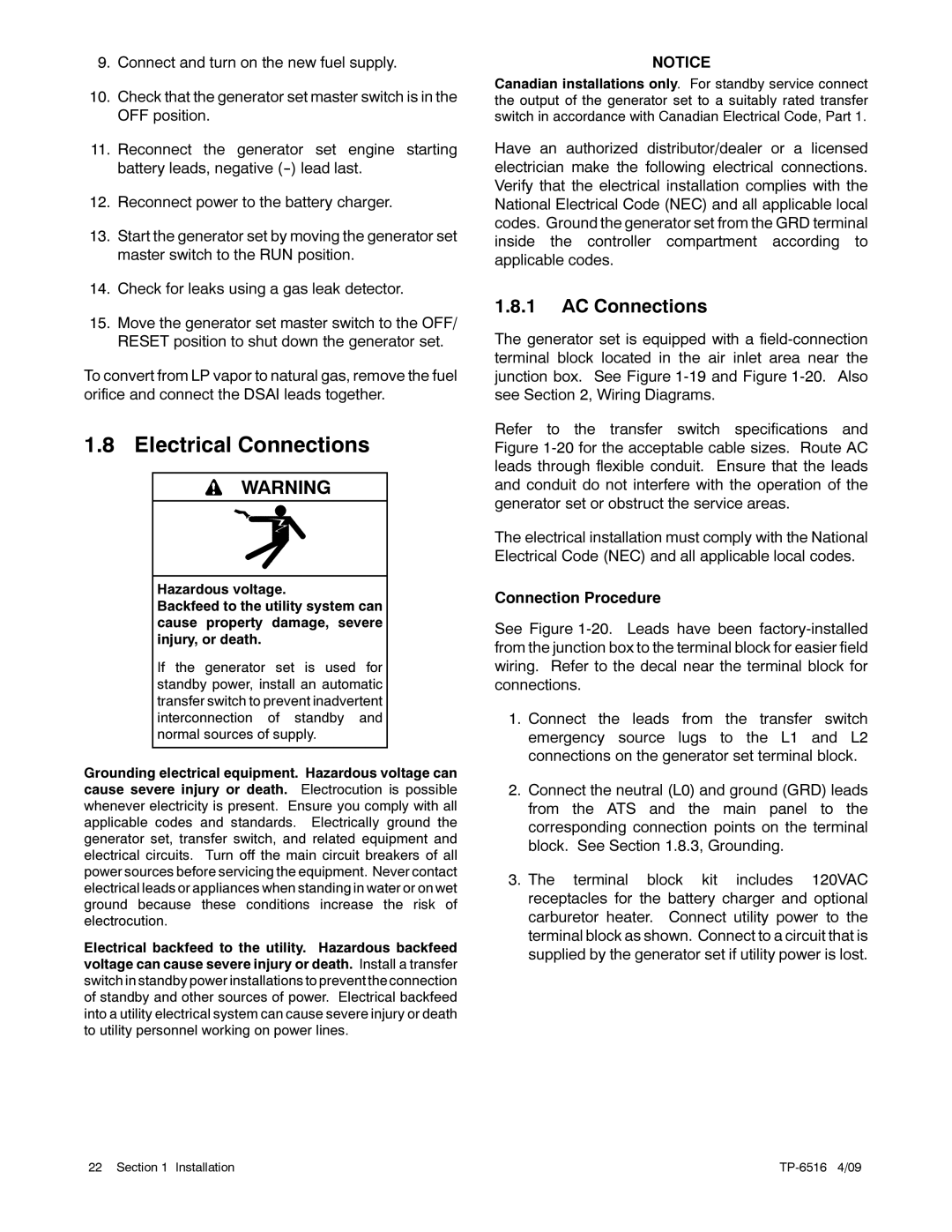 Kohler 12RESM1 manual Electrical Connections, AC Connections 