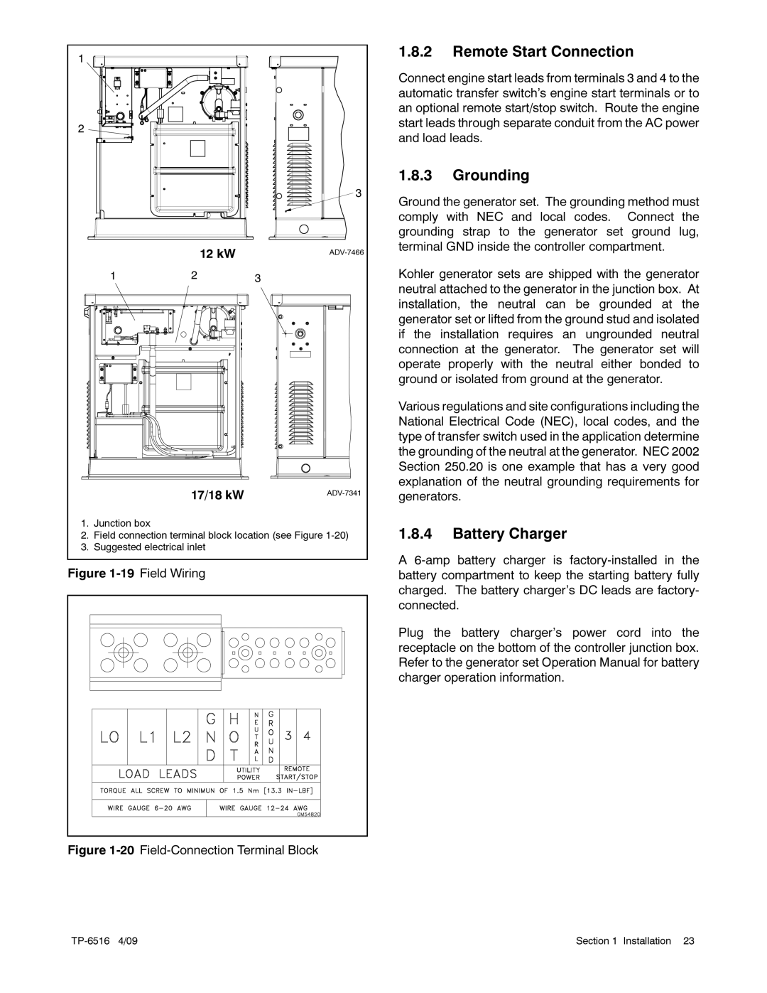 Kohler 12RESM1 manual Remote Start Connection, Grounding, Battery Charger 