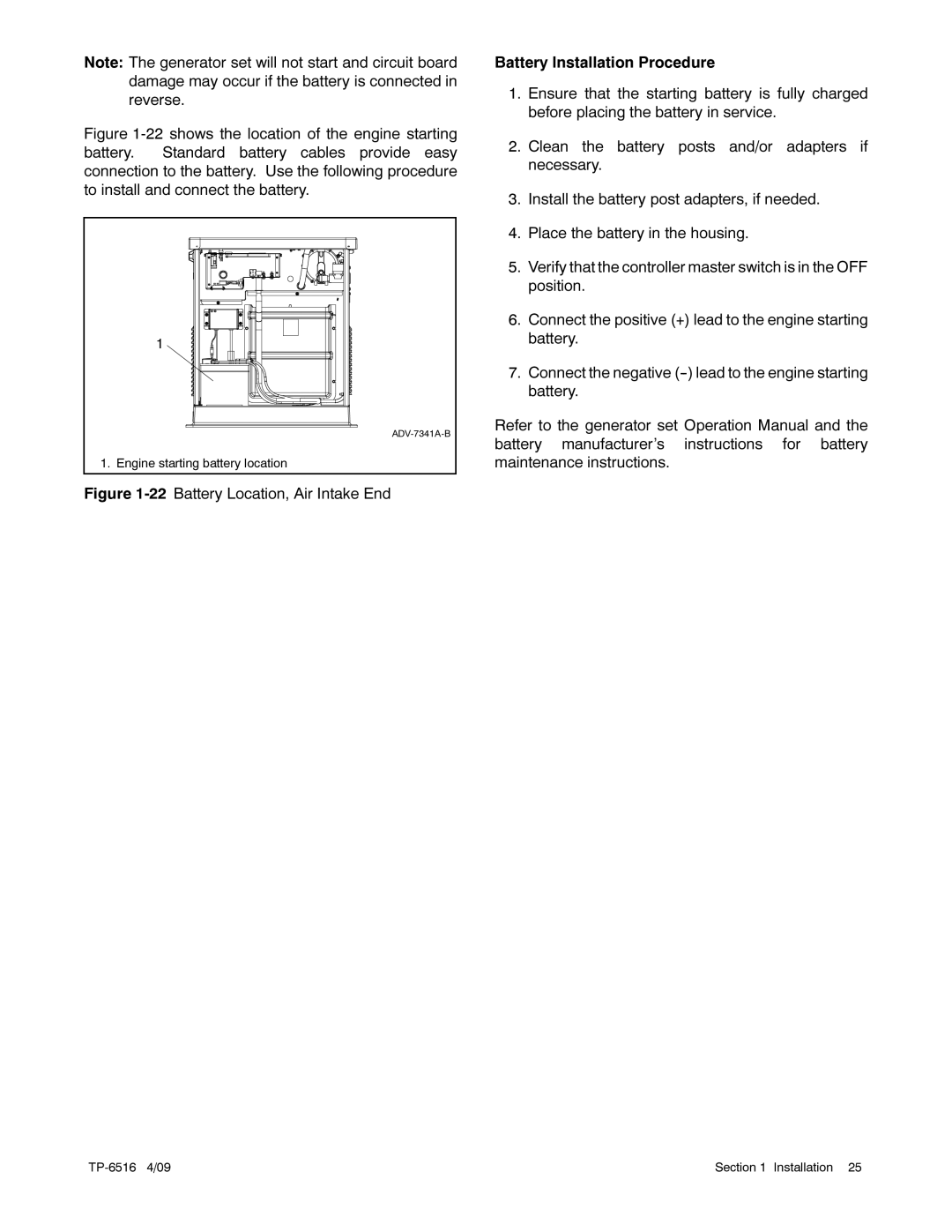 Kohler 12RESM1 manual Engine starting battery location 