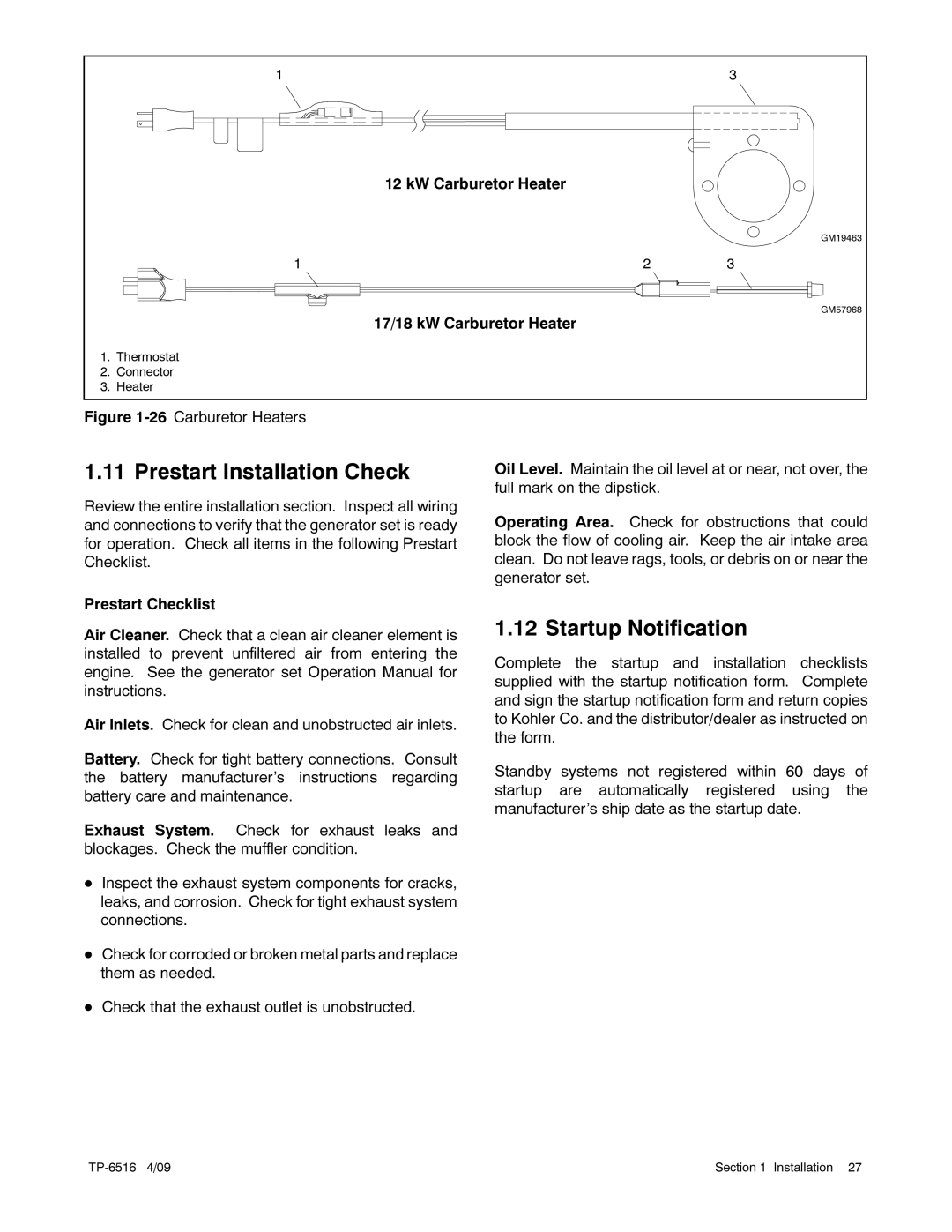 Kohler 12RESM1 manual Prestart Installation Check, Startup Notification 