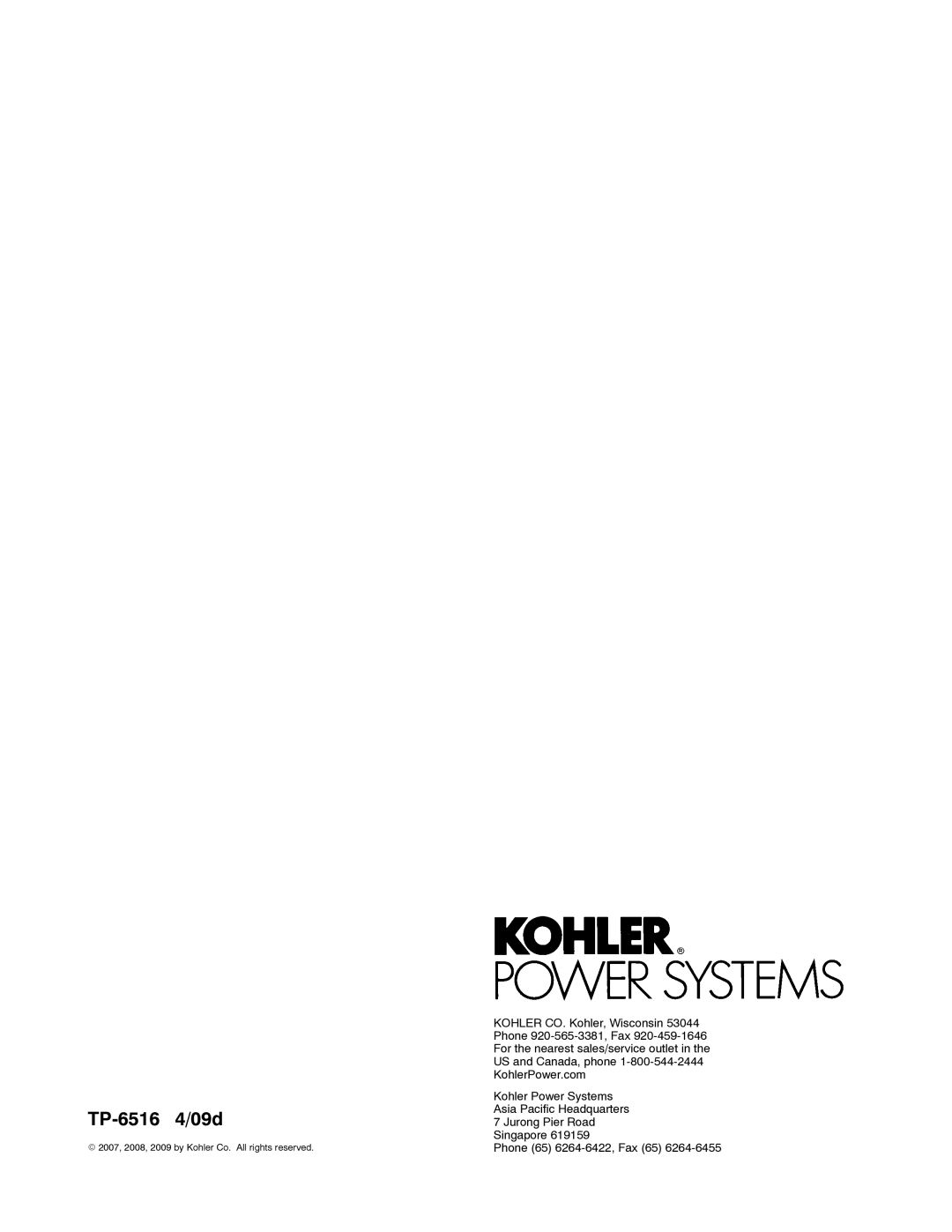 Kohler 12RESM1 manual 2007, 2008, 2009 by Kohler Co. All rights reserved 