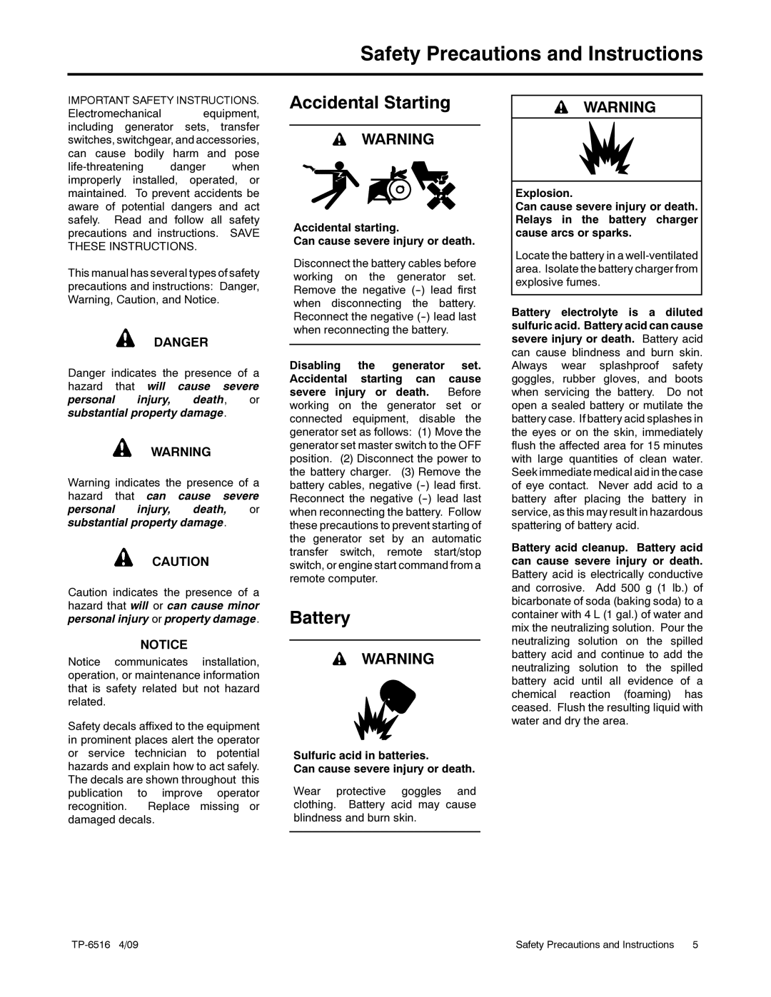 Kohler 12RESM1 manual Safety Precautions and Instructions, Accidental Starting, Battery 