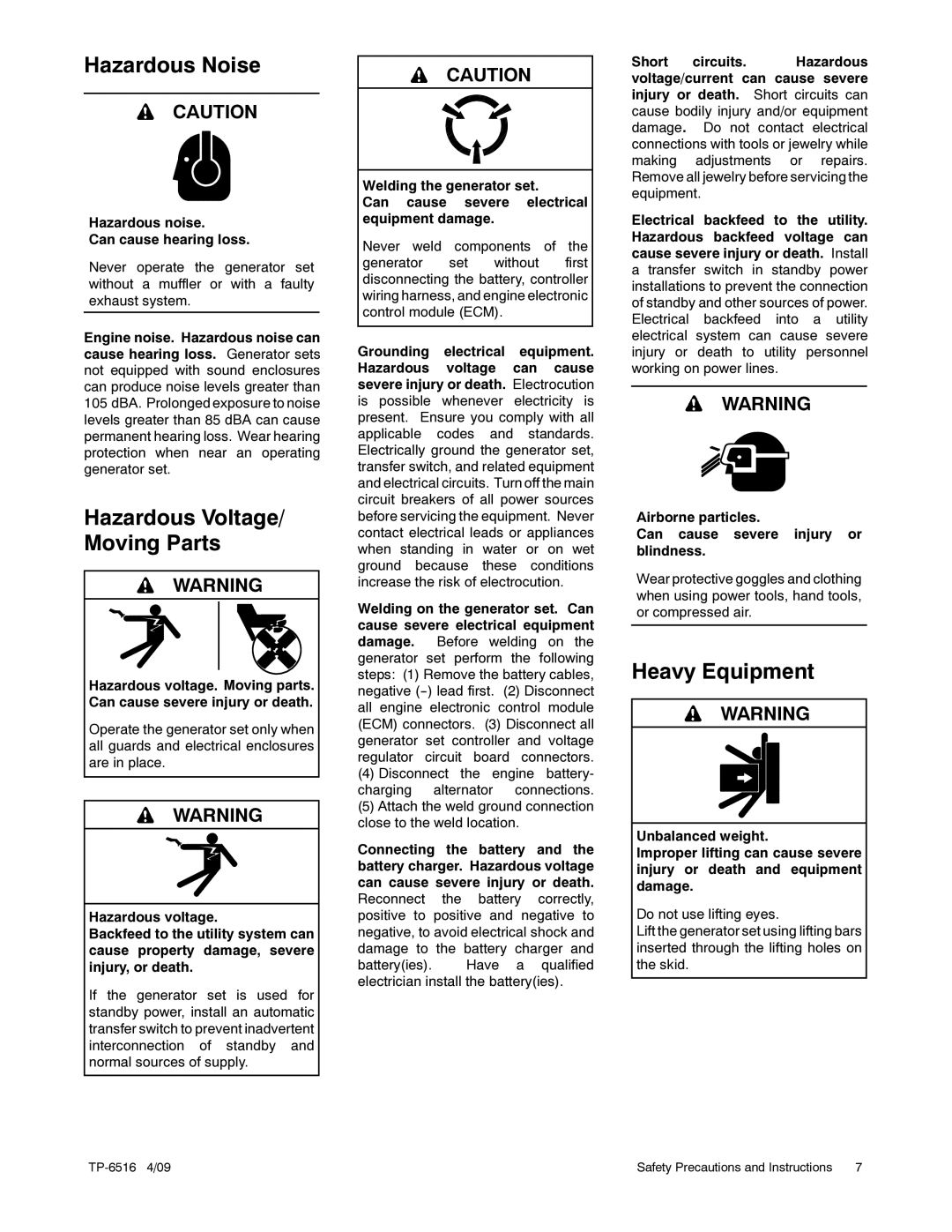 Kohler 12RESM1 manual Hazardous Noise, Hazardous Voltage/ Moving Parts, Heavy Equipment 