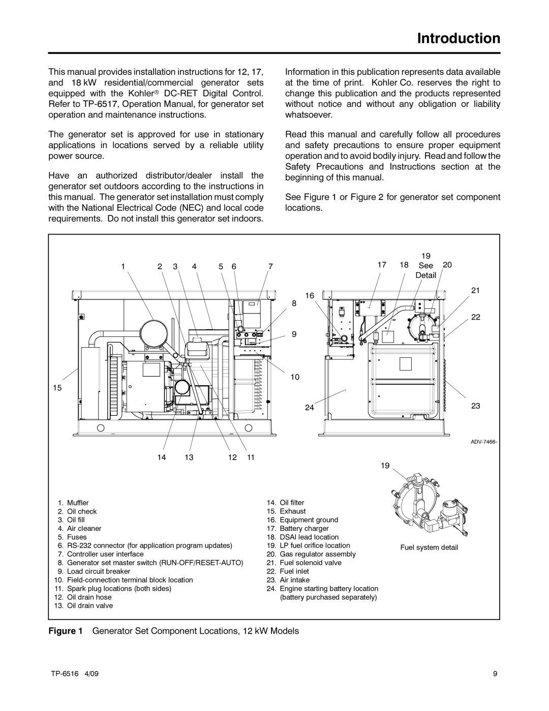 Kohler 12RESM1 manual Introduction, Detail 