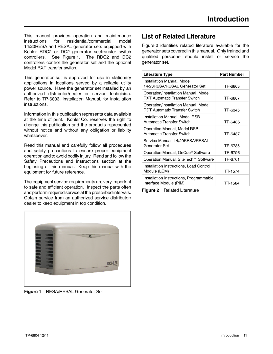 Kohler 14/20RESAL manual Introduction, List of Related Literature 