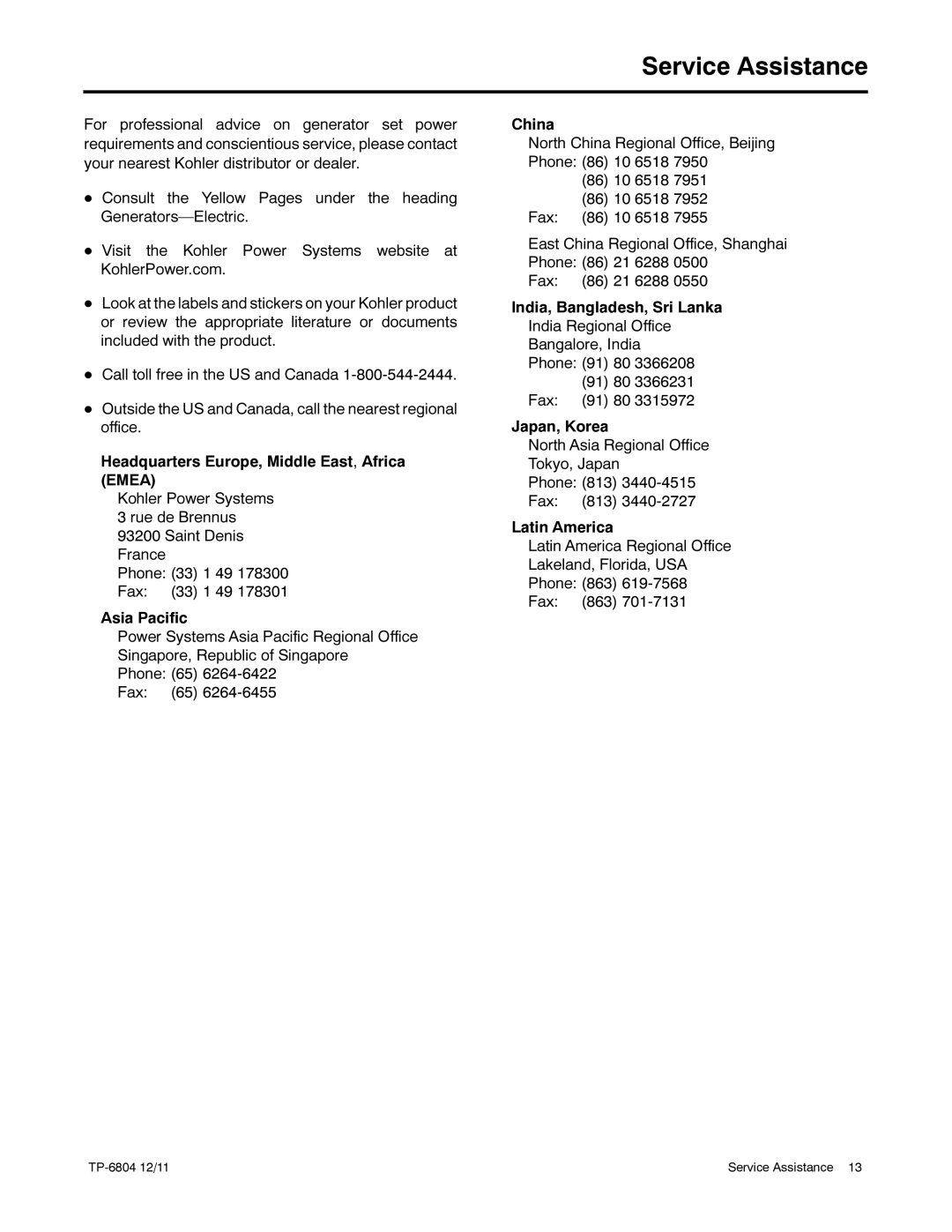 Kohler 14/20RESAL manual Service Assistance 