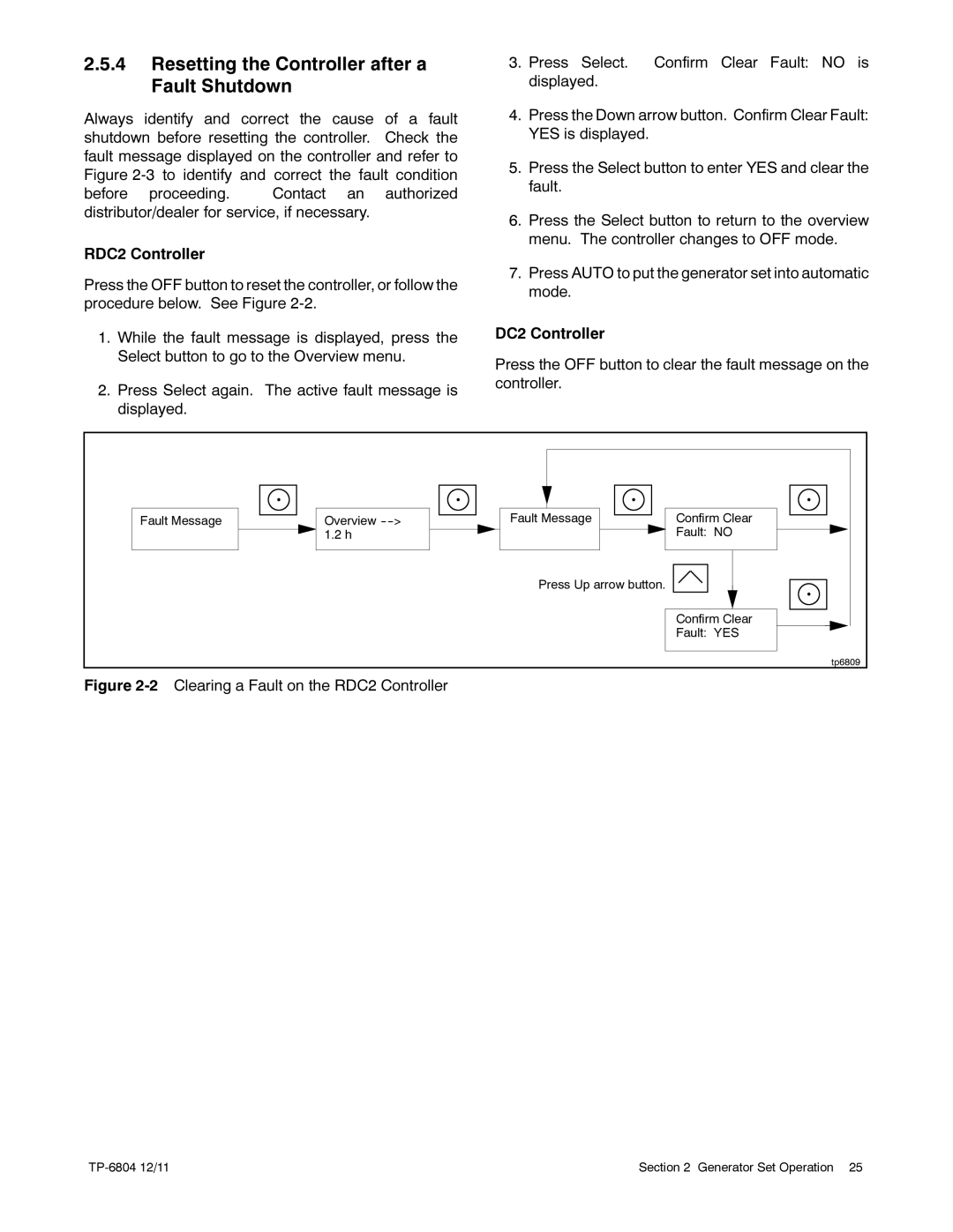 Kohler 14/20RESAL manual Resetting the Controller after a Fault Shutdown, Clearing a Fault on the RDC2 Controller 