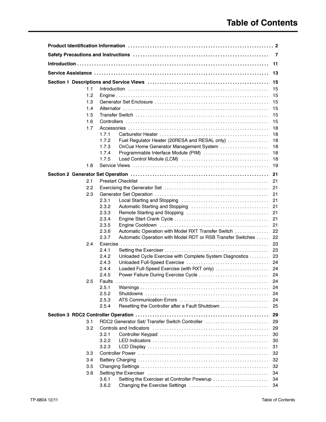 Kohler 14/20RESAL manual Table of Contents 