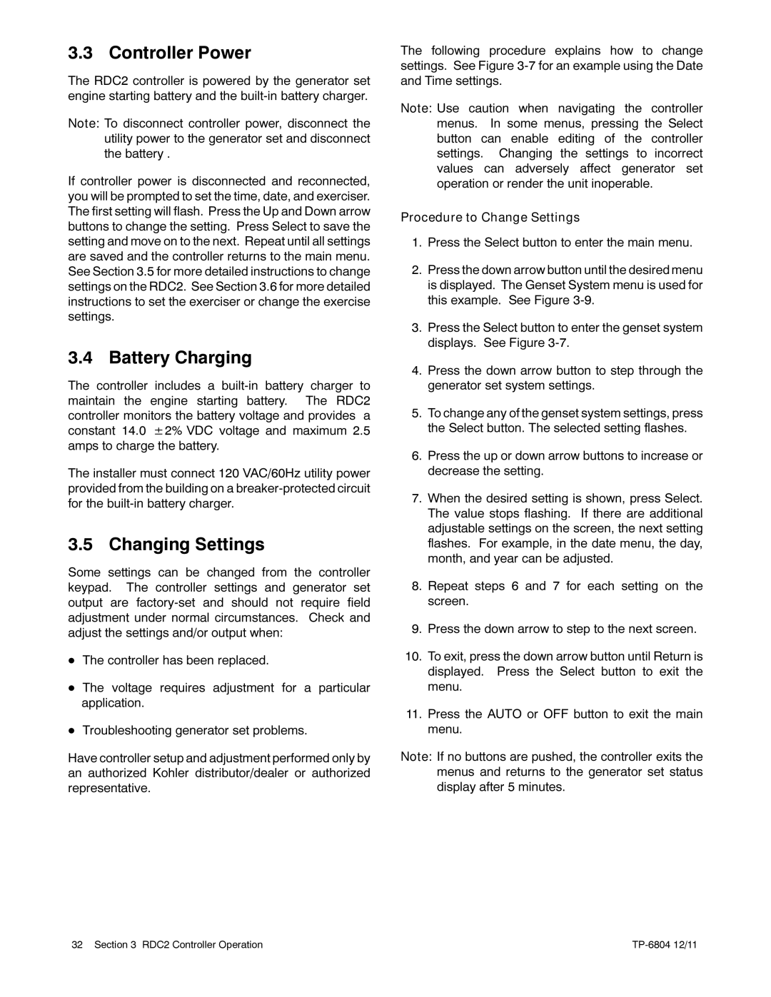 Kohler 14/20RESAL manual Controller Power, Battery Charging, Changing Settings 