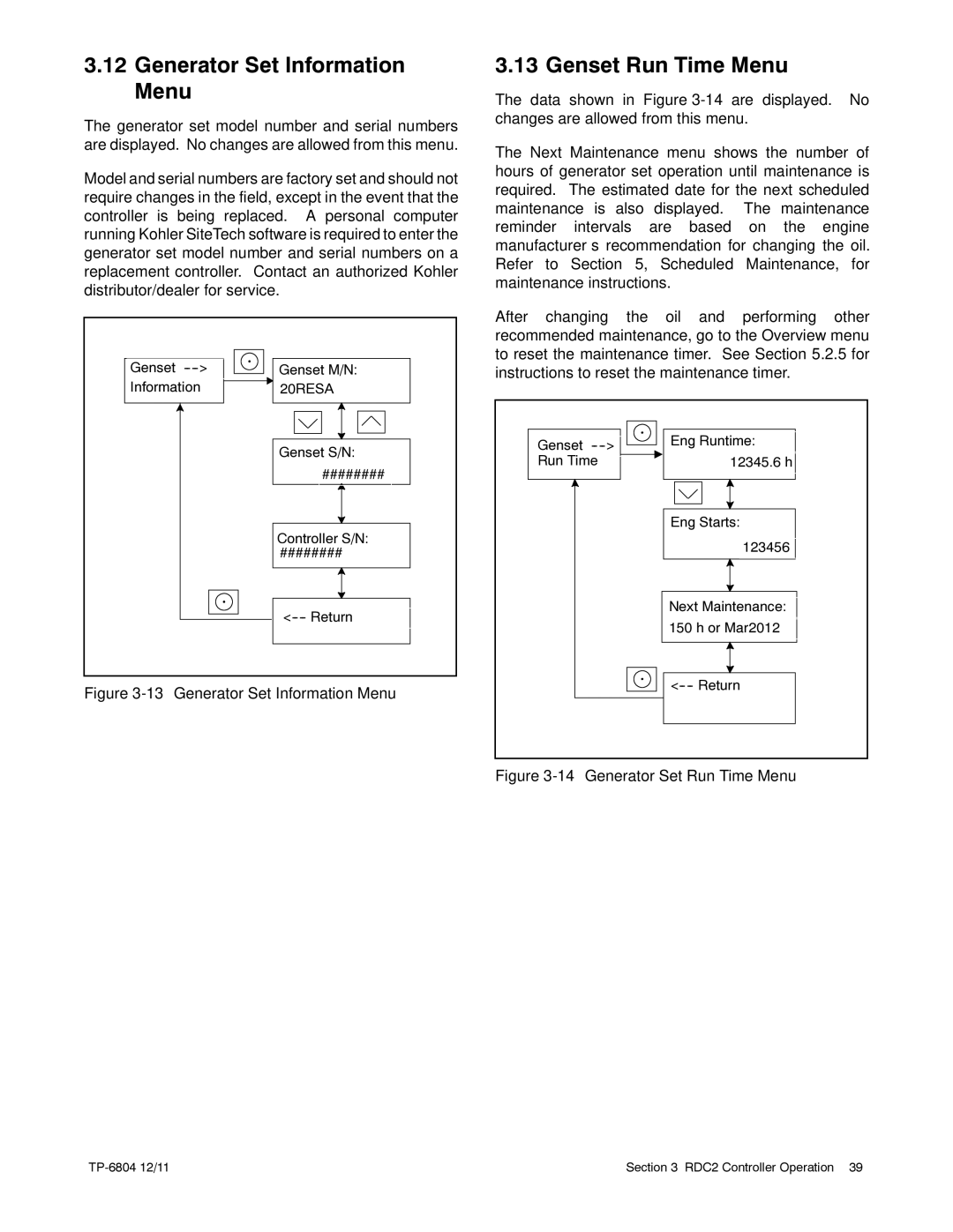 Kohler 14/20RESAL manual Generator Set Information Menu, Genset Run Time Menu 