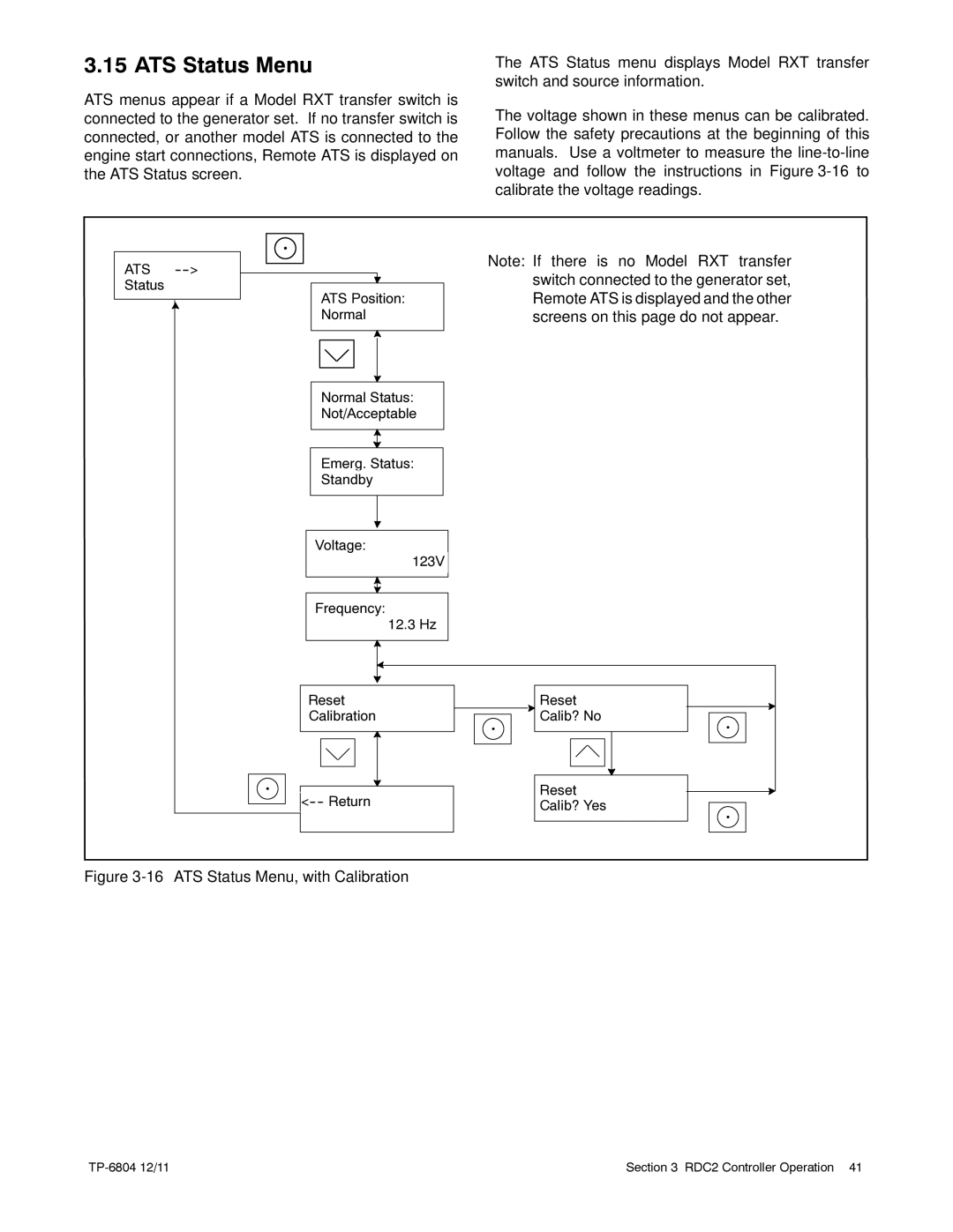 Kohler 14/20RESAL manual ATS Status Menu, with Calibration 