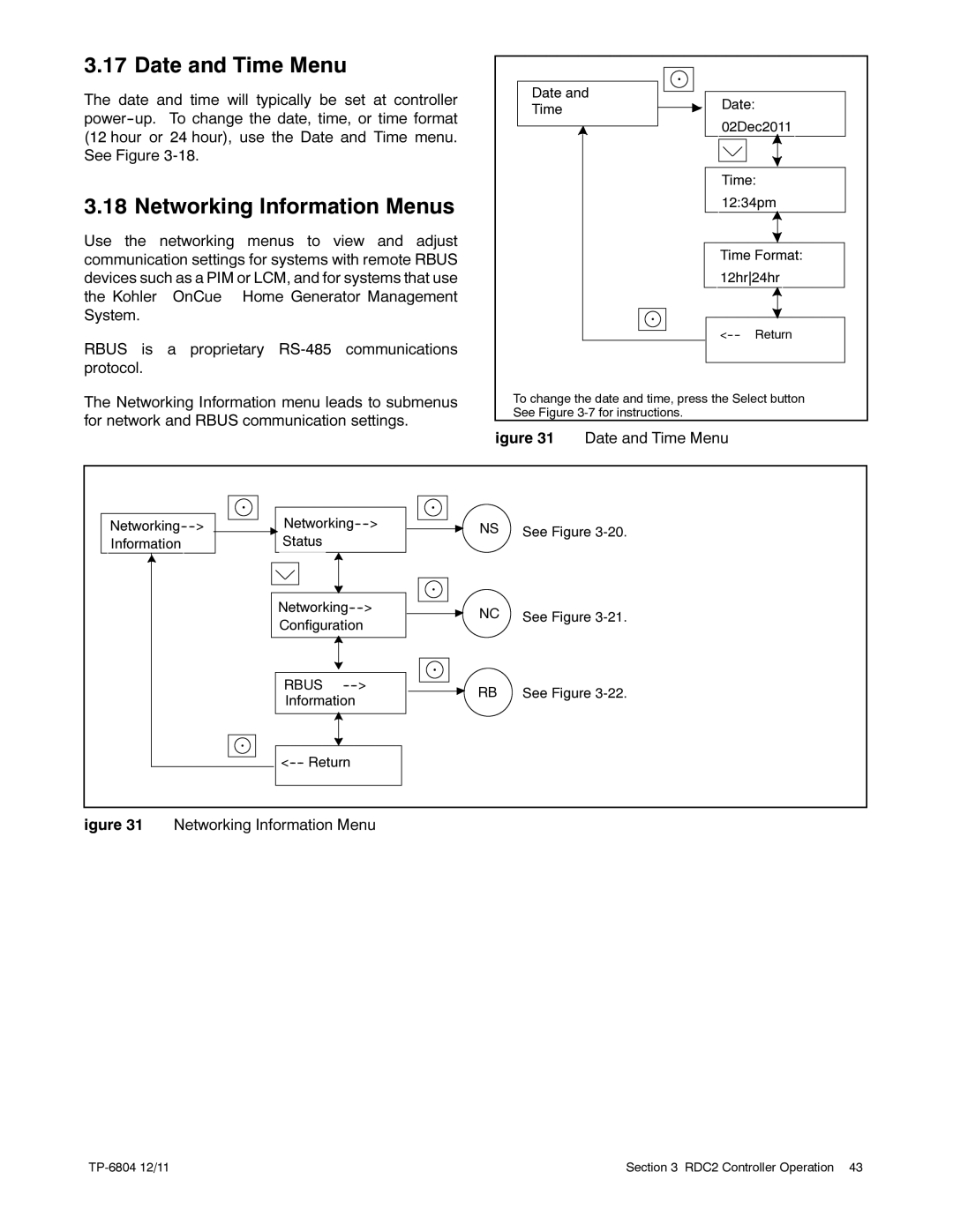 Kohler 14/20RESAL manual Date and Time Menu, Networking Information Menus 