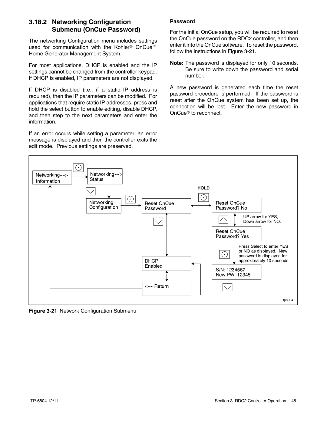 Kohler 14/20RESAL manual Networking Configuration Submenu OnCue Password, Reset OnCue Password? Yes 