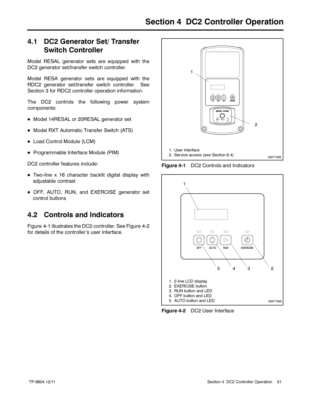 Kohler 14/20RESAL manual DC2 Controller Operation, DC2 Generator Set/ Transfer Switch Controller 