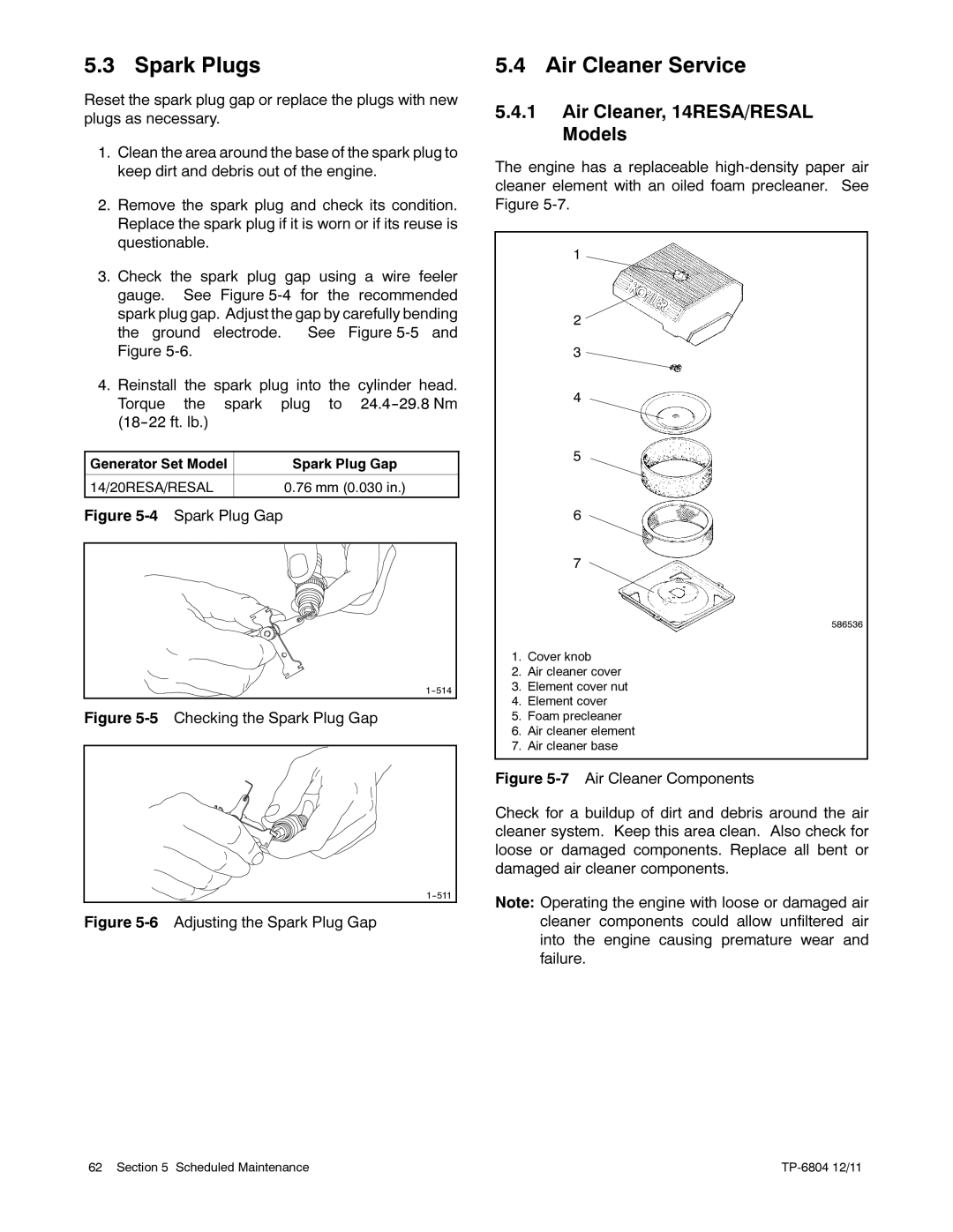 Kohler 14/20RESAL manual Spark Plugs, Air Cleaner Service, Air Cleaner, 14RESA/RESAL Models 