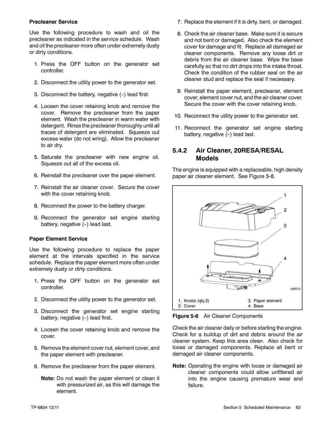 Kohler 14/20RESAL manual Air Cleaner, 20RESA/RESAL Models 