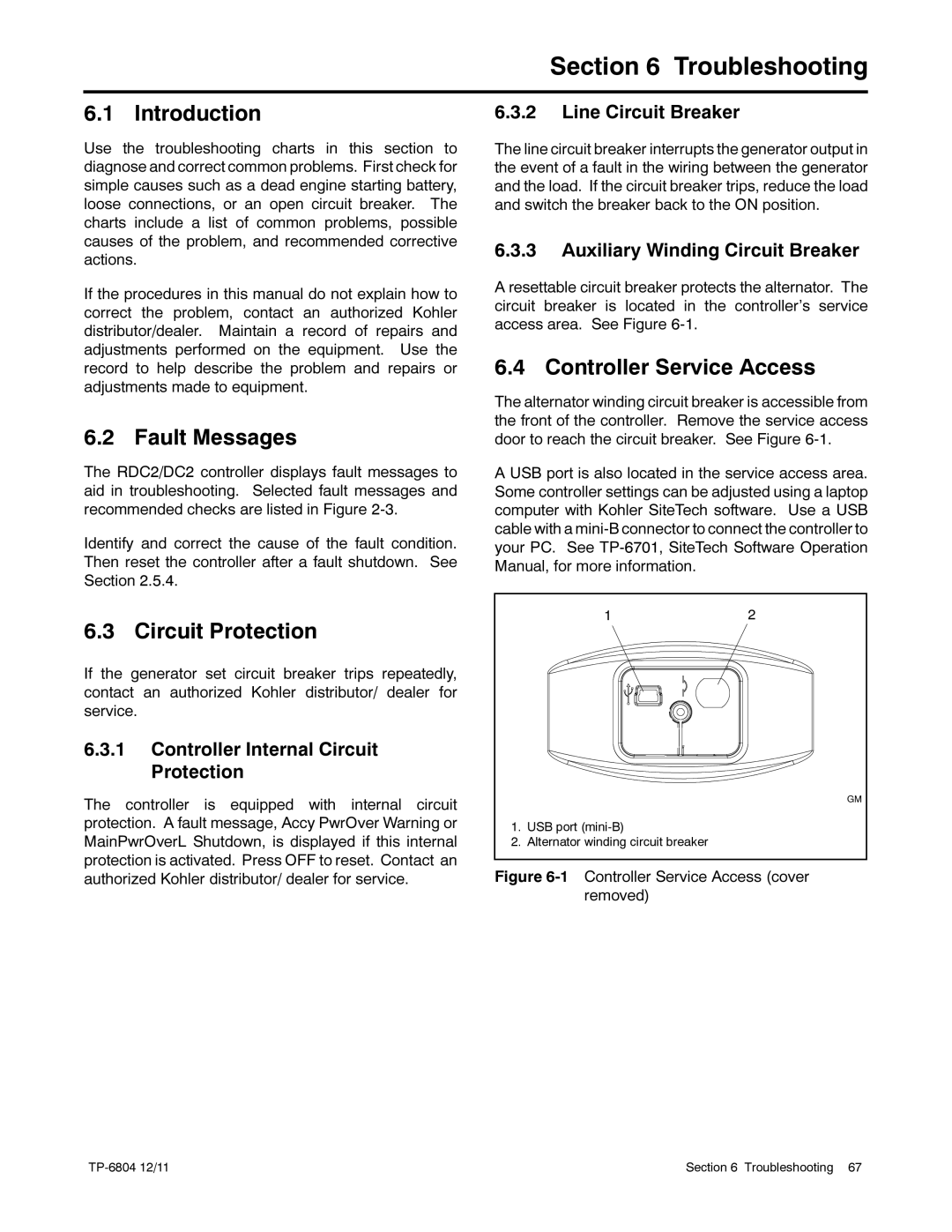 Kohler 14/20RESAL manual Troubleshooting, Introduction, Fault Messages, Circuit Protection, Controller Service Access 