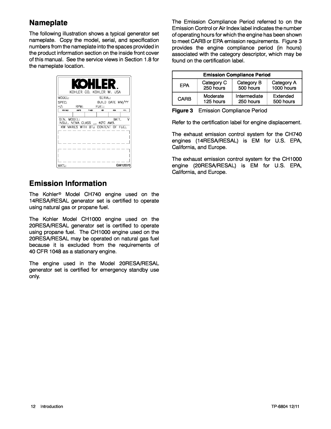 Kohler 14/20RESAL manual Nameplate, Emission Information 