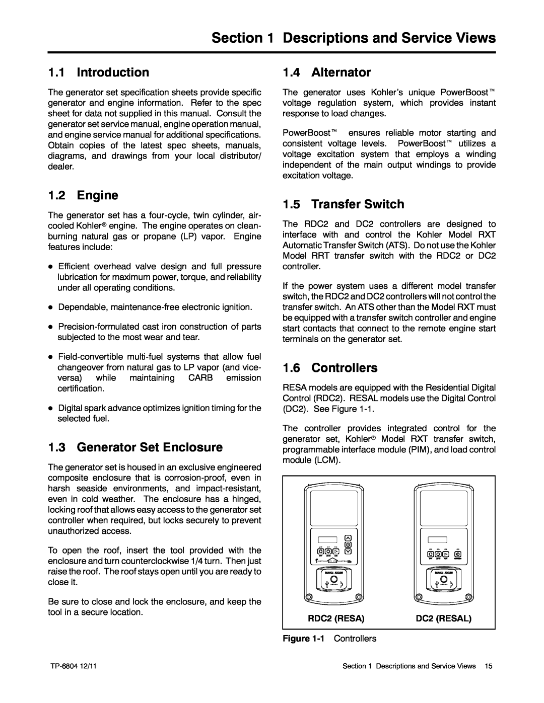 Kohler 14/20RESAL Descriptions and Service Views, Introduction, Engine, Generator Set Enclosure, Alternator, Controllers 