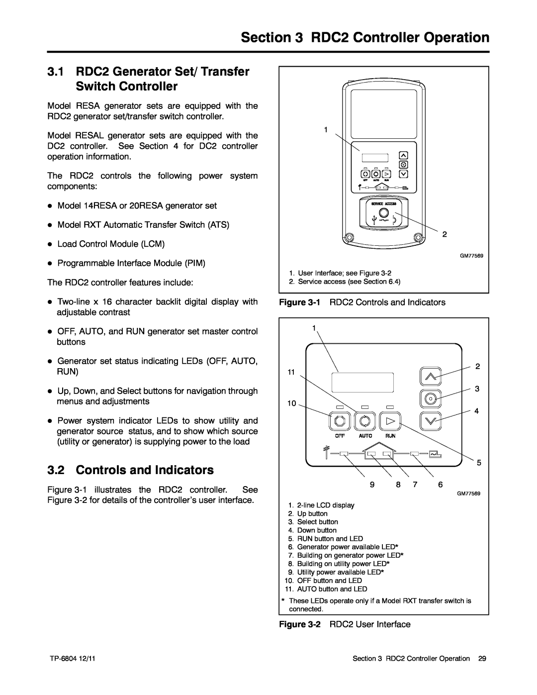 Kohler 14/20RESAL RDC2 Controller Operation, 3.1 RDC2 Generator Set/ Transfer Switch Controller, Controls and Indicators 