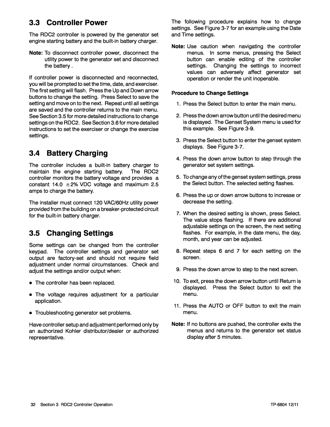 Kohler 14/20RESAL manual Controller Power, Battery Charging, Changing Settings 