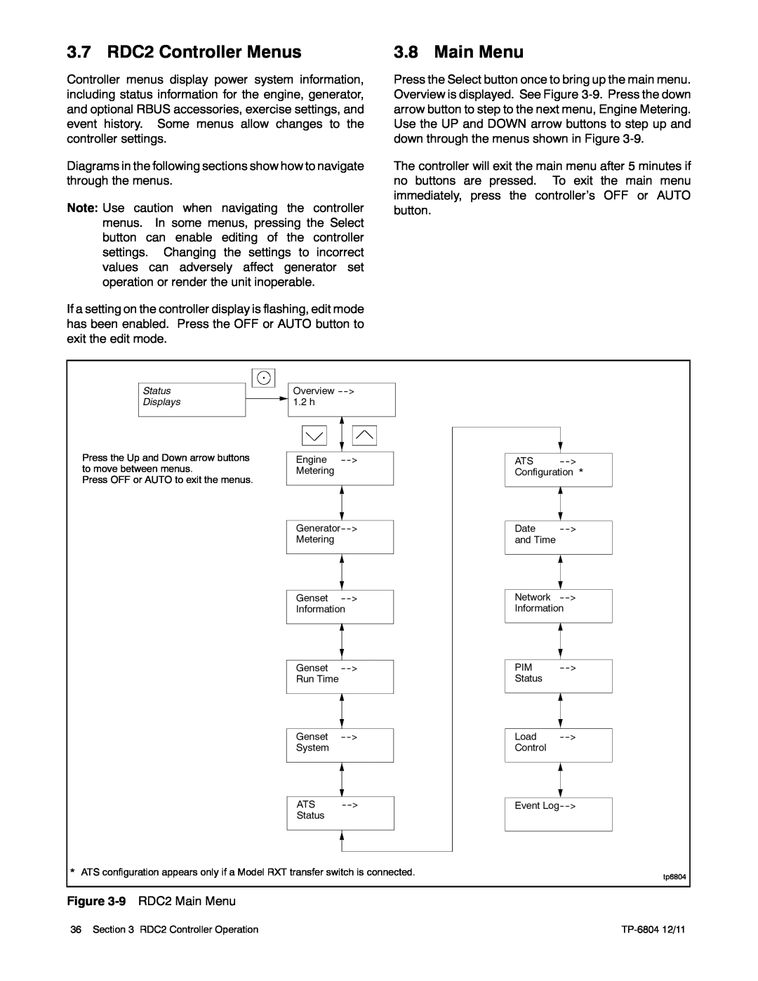 Kohler 14/20RESAL manual 3.7 RDC2 Controller Menus, Main Menu 