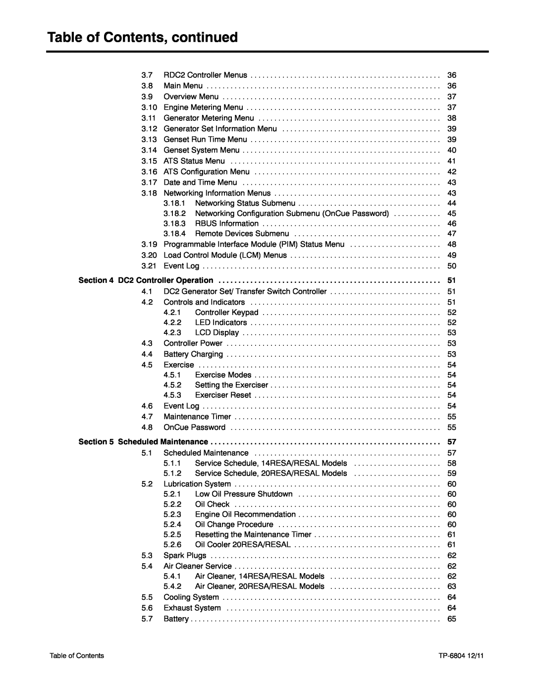 Kohler 14/20RESAL manual Table of Contents, continued 
